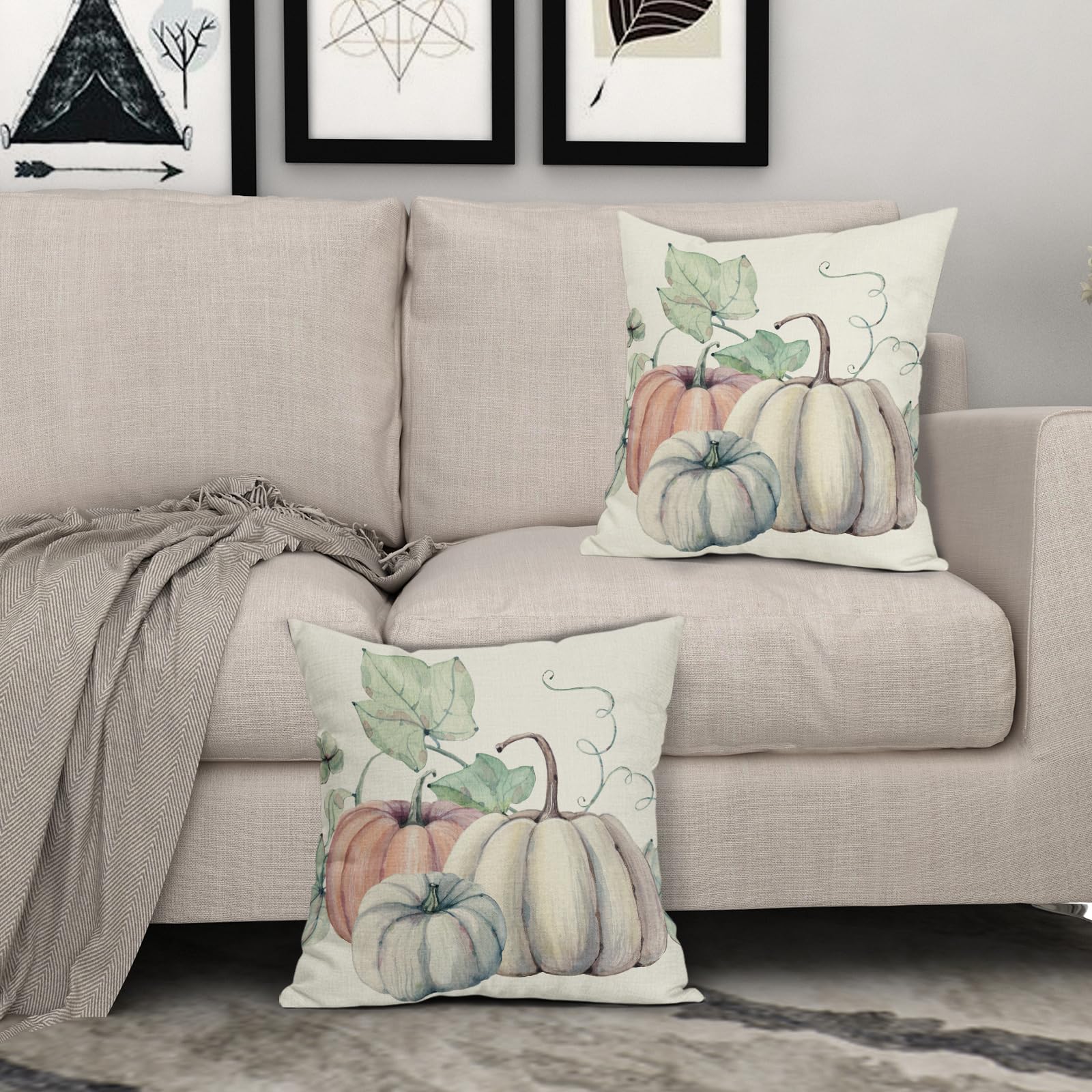 2 Pieces Fall Pillow Covers 20x20 Inch ,Burnt Orange White Pumpkin Throw Pillows Case,Autumn Outdoor Decorative Square Linen Farmhouse Harvest Decor Cushion Covers For Home Sofa Bed Couch