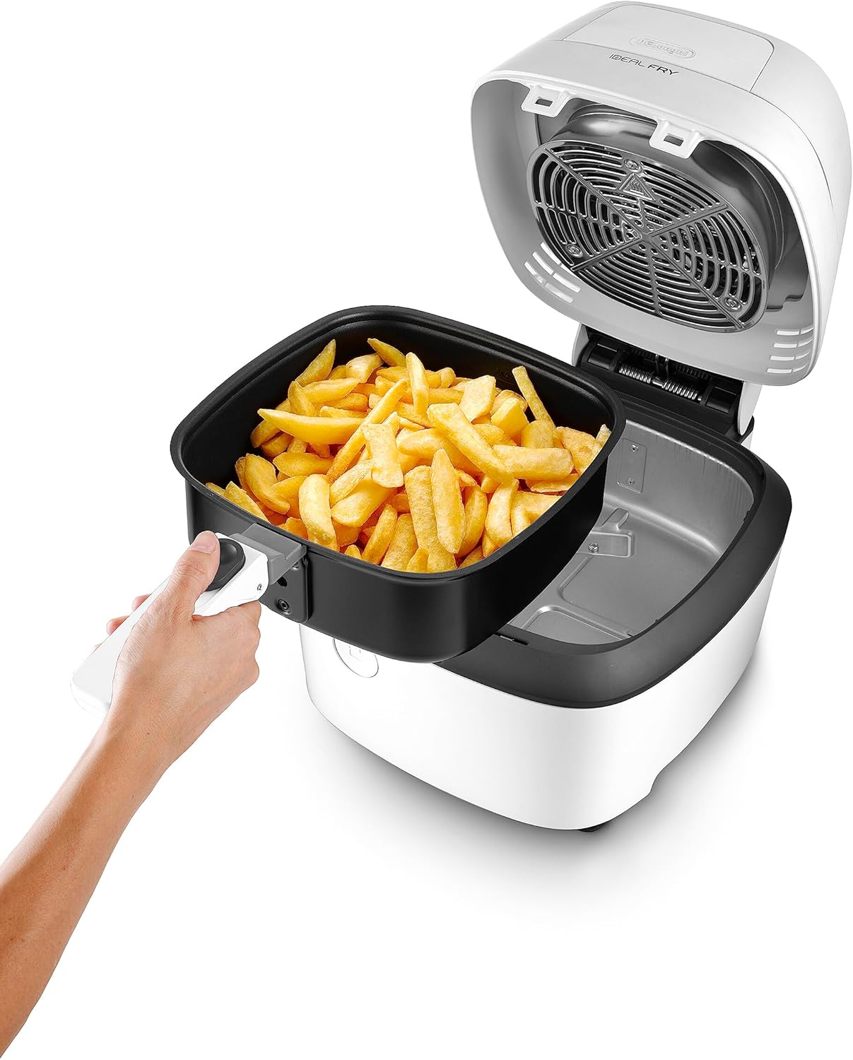 DeLonghi FH2101.W IDEALFRY Friggitrice ad Aria Calda, Capacità 1Kg, Frittura Leggera e Sana, Pannello di Controllo Manuale, Vasca Removibile da 3,9L, Pratico Coperchio e Timer Regolabile, Bianco
