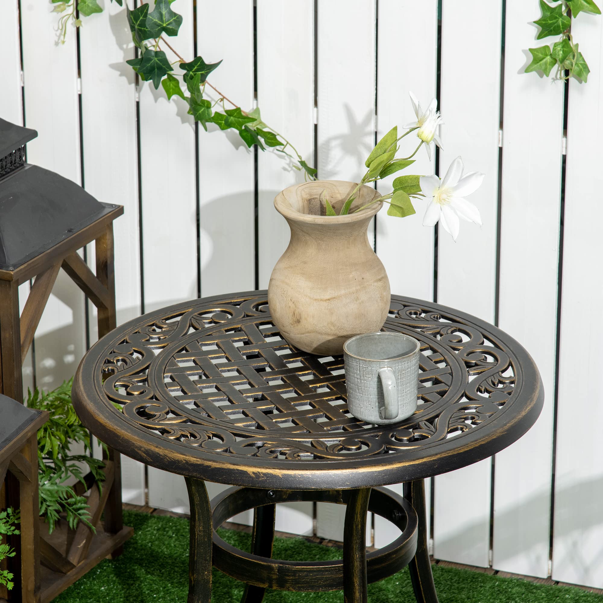 Outsunny Beistelltisch Garten mit Gussaluminiumrahmen Ø60x52,5H cm Bronze | Wetterfester Gartentisch, Runder Balkontisch, Kaffeetisch, 60kg Belastbar, Sofatisch, für Outdoor Indoor Balkon Terrasse