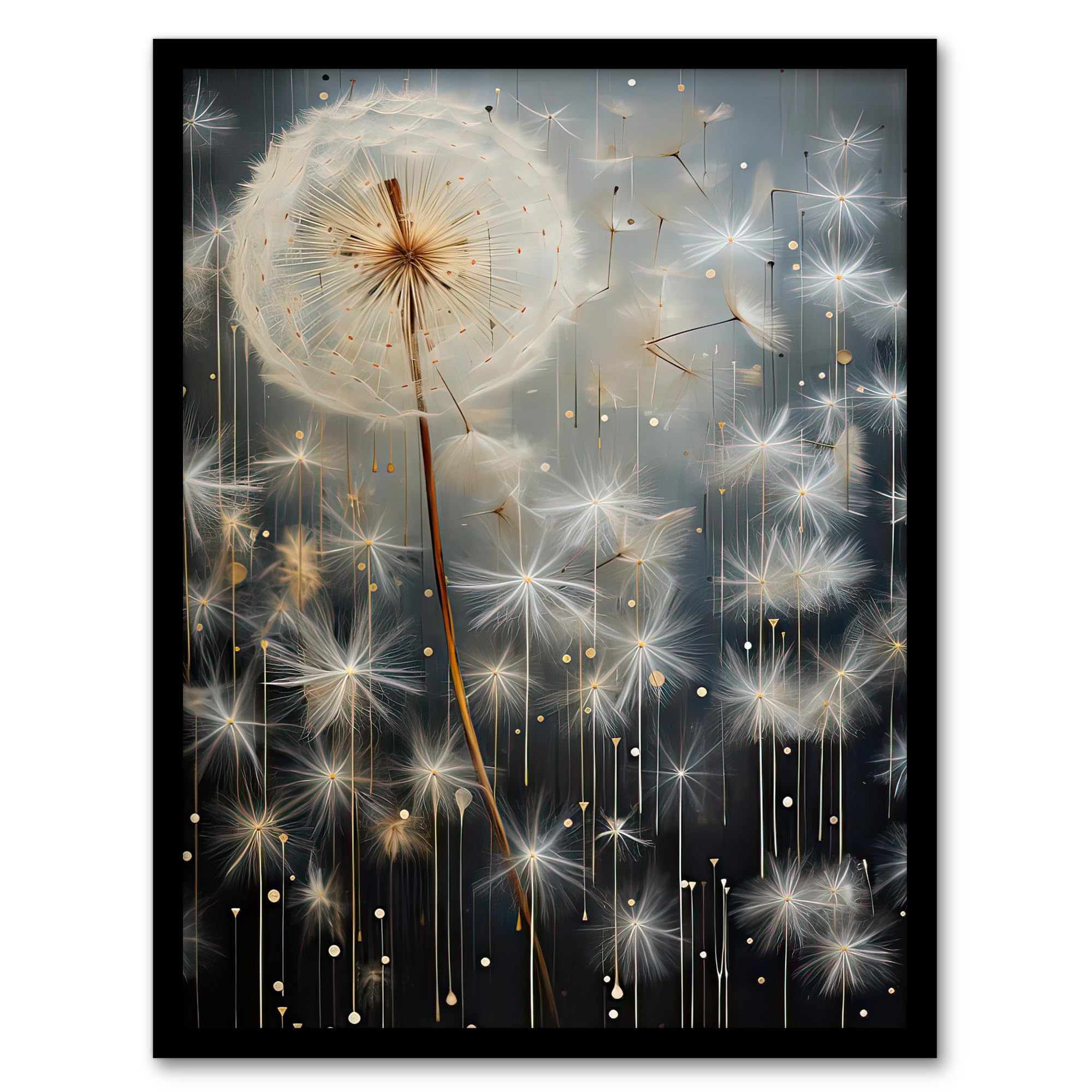 Artery8 Dandelion Seeds Luminescent Rain Ethereal Painting Artwork Framed Wall Art Print A4
