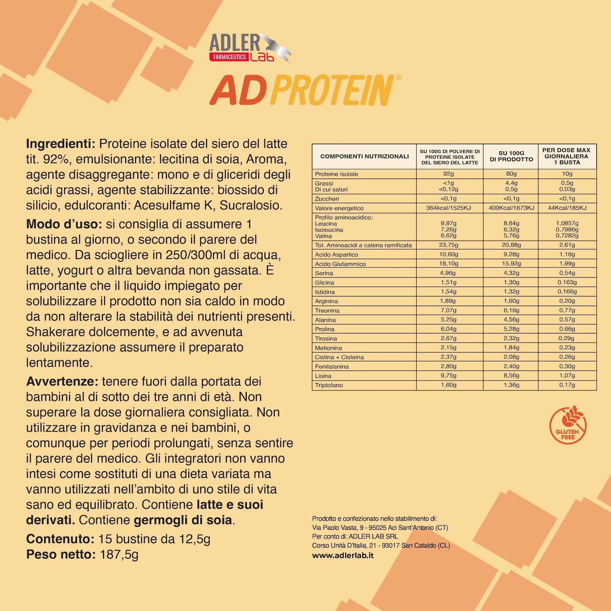 Adler Lab ADPROTEIN Integratore, 30 bustine con proteine isolate del siero del latte (92%). Rapido assorbimento, aminoacidi essenziali, basso lattosio (<1%), senza glutine. Per muscoli e recupero.