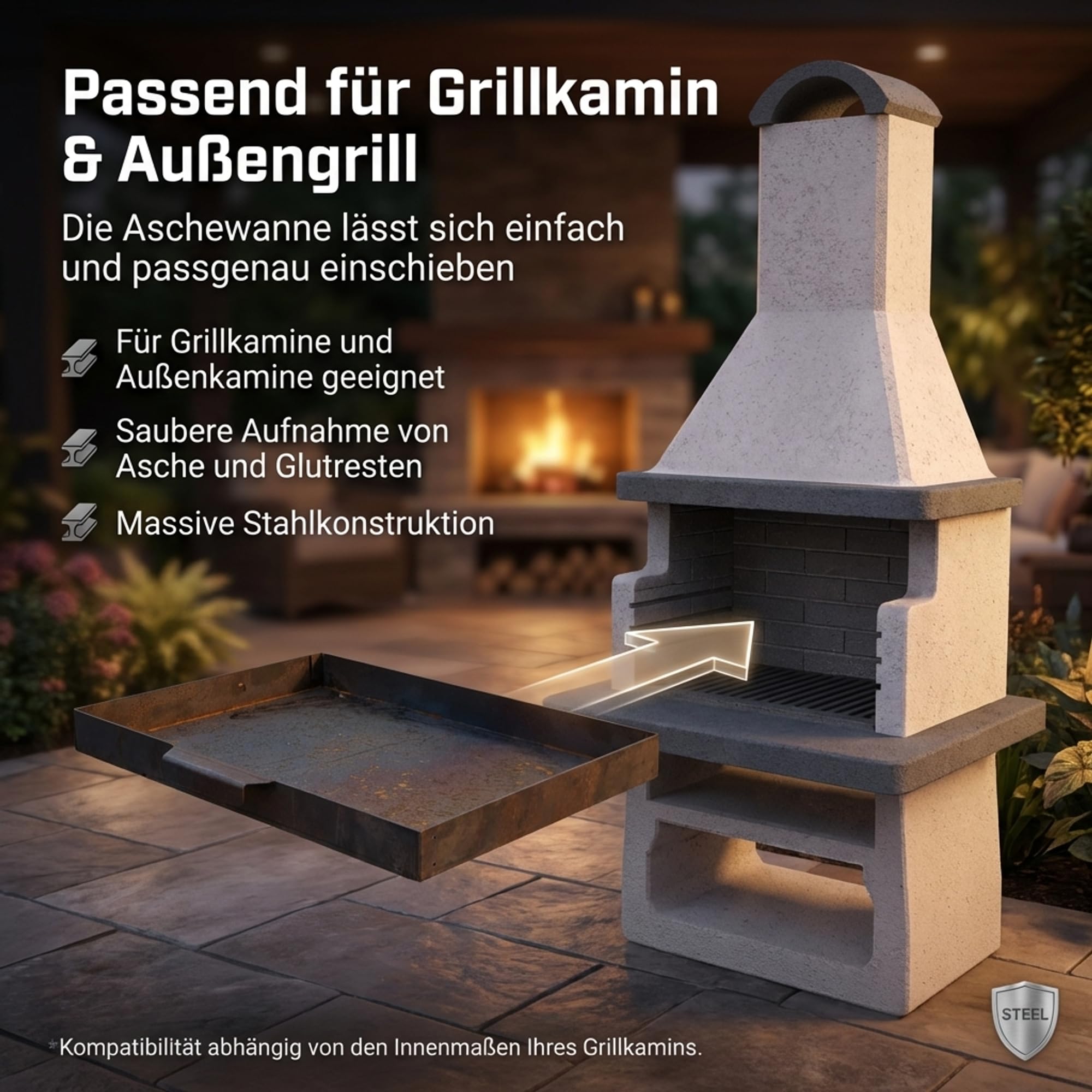 EWH Aschekasten per barbecue in acciaio CorTen resistente alle intemperie/estetica ruggine (49 x 34 cm) Contenitore per cenere/cenere per barbecue a esterno Camino esterno