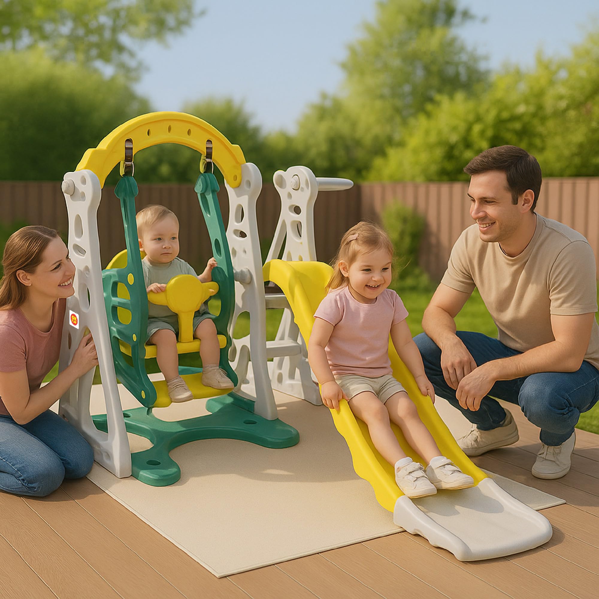OK PLAY 3 in 1 Penguin Play Set for 2-5Years |Slide | Swing | Basketball | Perfect for Home, School & Playground | Easy Assembly | Compact | Safe & Fun Activity Toy | 152 x 133 x 104cm | Yellow&Green-picture-16