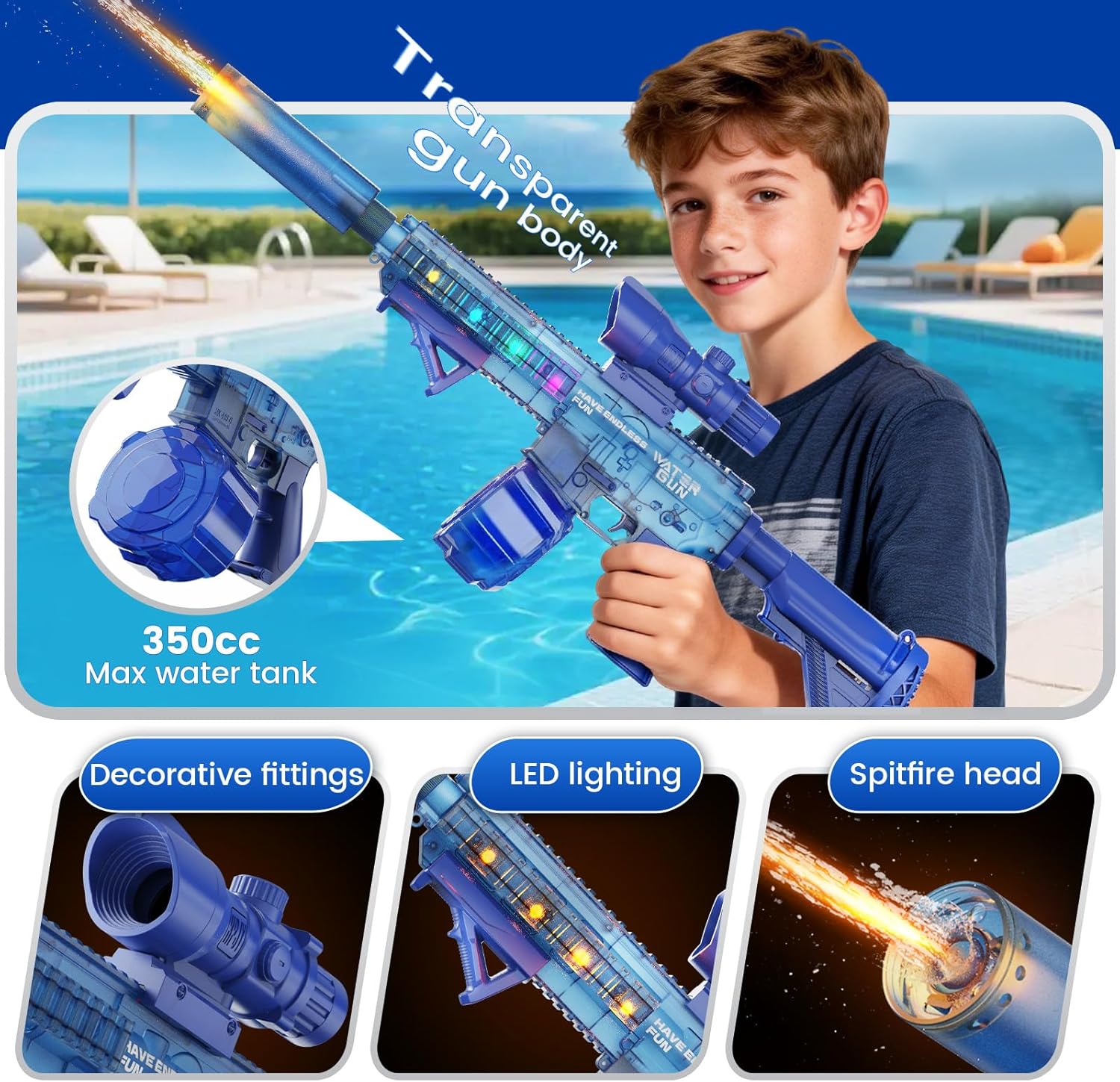 Electric Water Gun for Kids Adults,2026 New Water Blaster Squirt Gun with Colorful Light & Transparent Material 400cc Large Capacity Summer Water Toy Outdoor Swimming Pool(Blue)