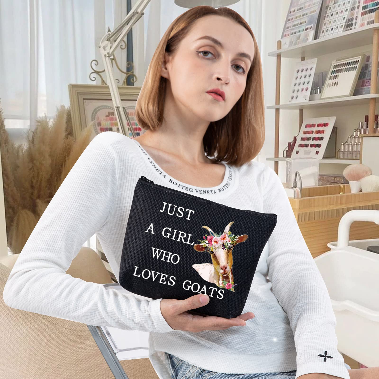 LEVLO Funny Goat Cosmetic BagAnimal Lover Gift Just A Girl Who Loves Goats Makeup Zipper Pouch Bag Goat Lover Gift for Women Girls Loves Goats Black - Image 4