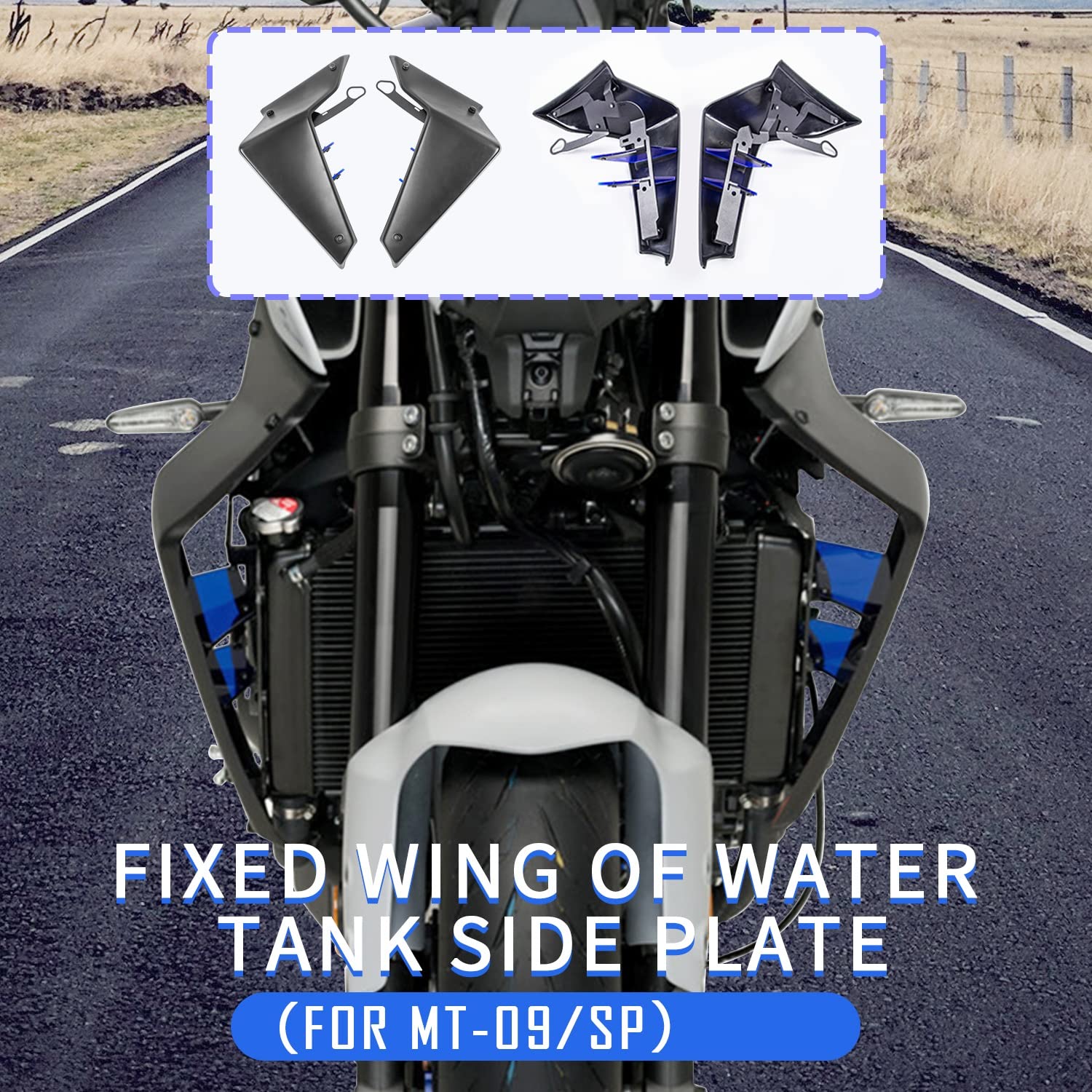 Motorrad-Abwärtskraft, Abtrieb, Naked-Spoiler, Feste Winglet-Verkleidung, Flügelabweiser für MT09 MT 09 MT-09 SP 2021 2022 2023 Wassertank Kühlerschutz Seitenwände (Carbon-Look mit Blau)