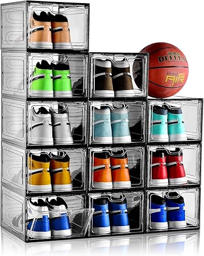 Paquete de 12 organizadores de almacenamiento de zapatos transparentes grises, cajas de zapatos apilables para armario, caja de zapatos de plástico