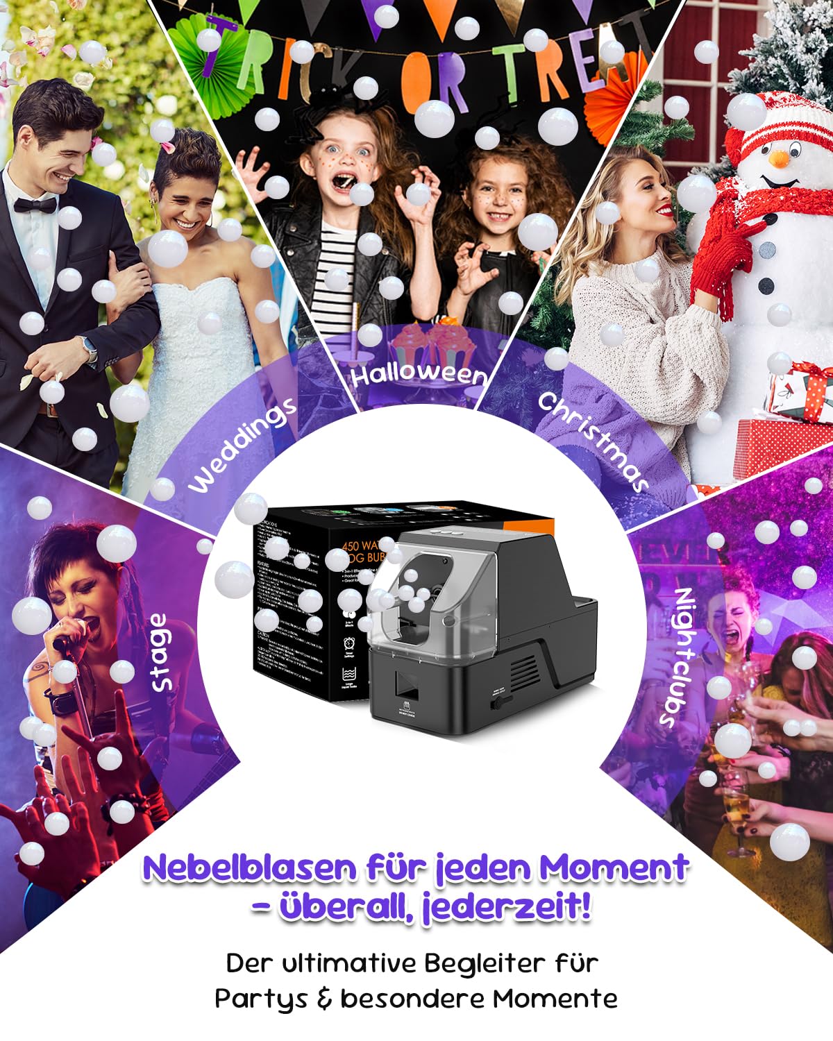 Nebelmaschine, 450W Fog Bubble Machine mit drahtloser Fernbedienung, 3 in 1 Bubble Fog Machine, Make Bubble | Fog Bubble | Continuous Fog for Halloween Weihnachten Party Hochzeit Geburtstag Holiday