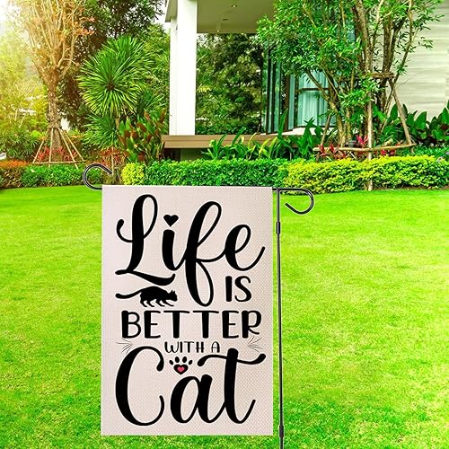 Miniatura 5 de Bandera de jardín con diseño de gato Life is Better with Cat Yard Sign de arpillera de 12.5 x 18 pulgadas, divertidas banderas de patio de doble