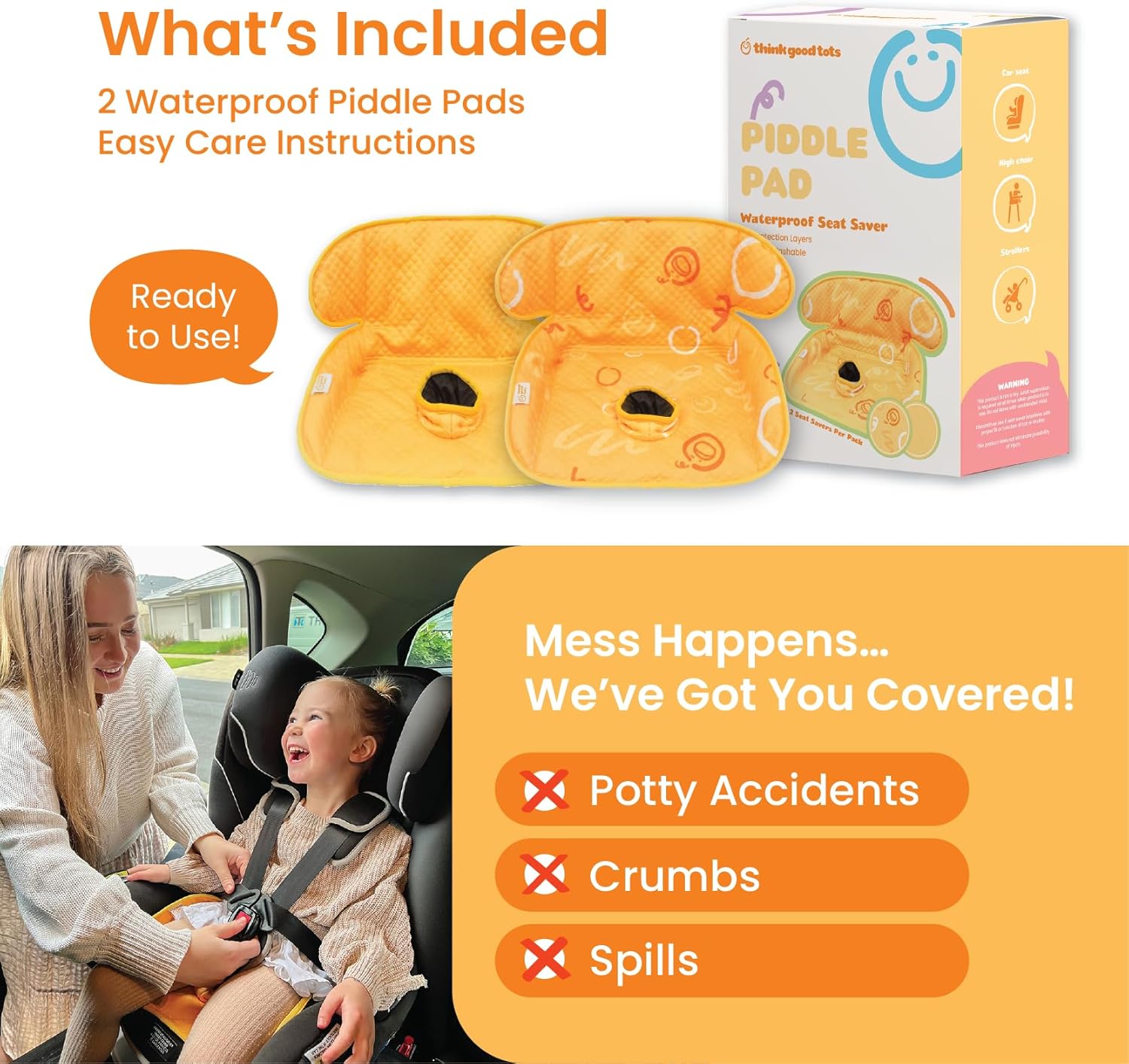 Piddle Pad 2-Pack, Potty Training Car Seat Protector, Toddler Car Seat Cover & Stroller Protector, Machine Washable Waterproof Car Seat, Anti-Slip, Universal Fit (Orange)