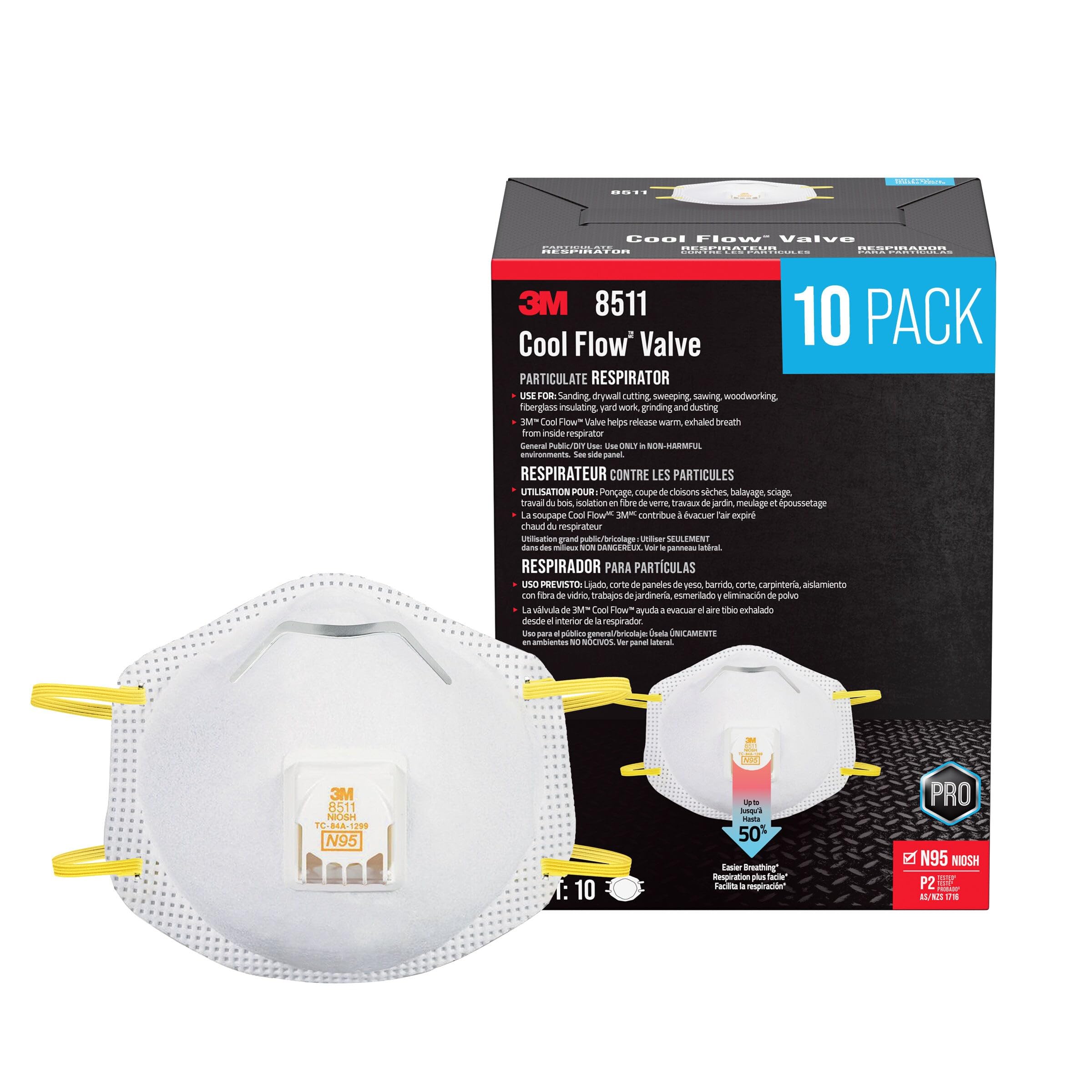 3M N95 Respirator 8511, Cool Flow Valve, 10 Pack, NIOSH-APPROVED, Advanced Filter Media For Easy Breathing, Comfortable For Long Periods Of Wear, Helps Filter Pollen, Mold Spores & Dust (8511PB1-A-PS)
