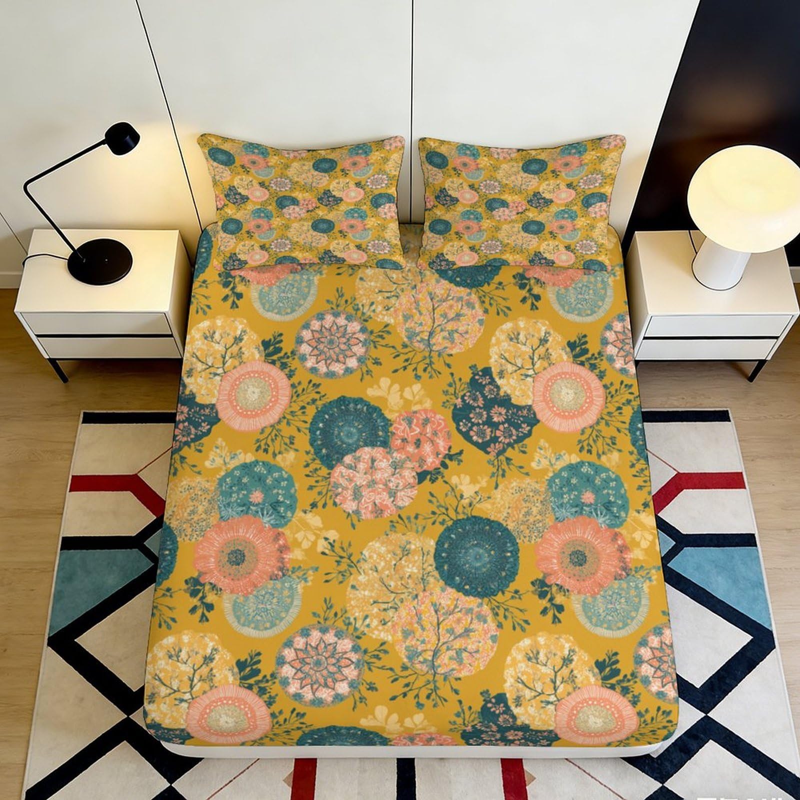 Zfldkwgb Style-7 3D Printed Botanical Mandala Fitted Sheet Microfiber Soft Yellow Floral Bed Cover For Bedroom Dorm Protection Decor 90X200x25cm