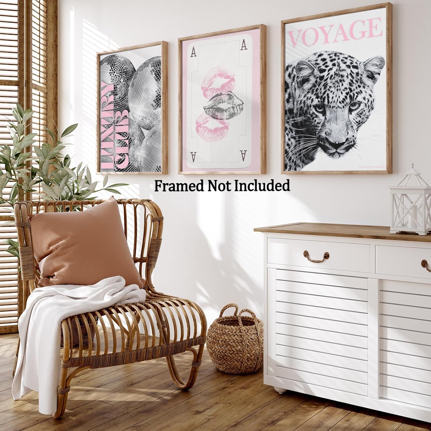 3Pcs Pink Lip Prints Poker Canvas Wall Art，Trendy Disco Ball Poster Print, Black And White Cheetah Wall Decor For Girly Room Apartment Dorm 16X24 in Unframed-Canvas Rolled Up