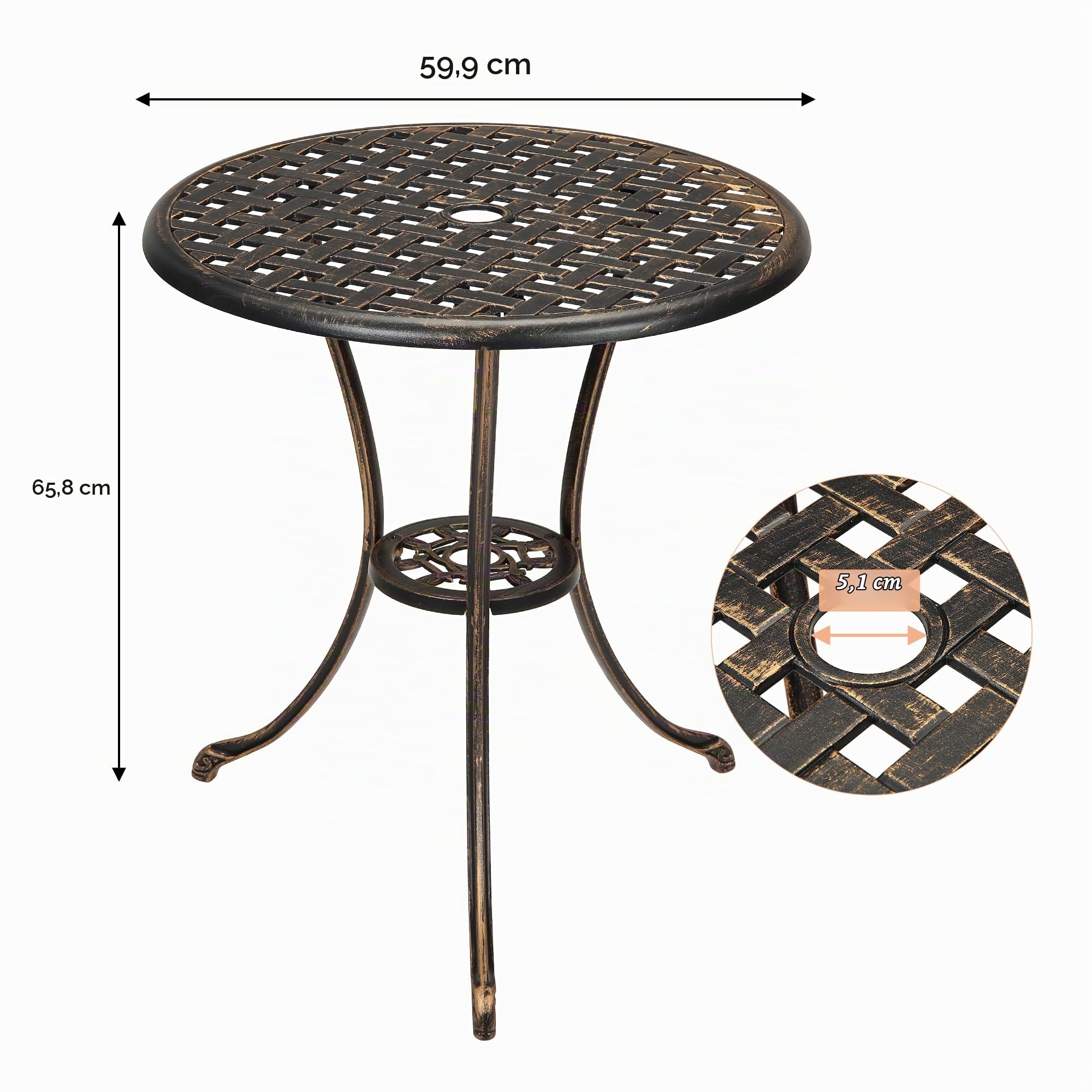IdealHouse Table de Jardin bistrot Ronde en Aluminium moulé 60 cm – Style rétro – Trou pour Parasol 5 cm – pour terrasse, Balcon, Jardin, café – Finition Bronze – Couleur : Bronze 23.6"