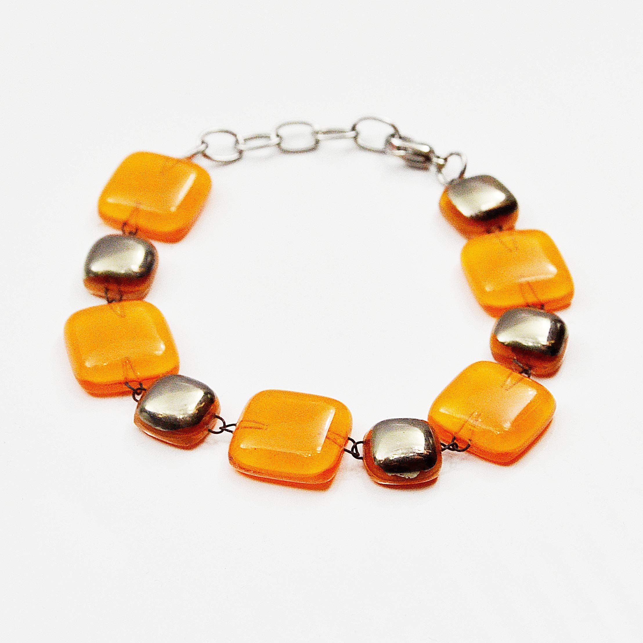 Pulsera naranja para mujer • Cuentas de cristal checas con platino y acero quirúrgico • Ancho 1,5 cm • Joyas de diseño • Hecho a mano