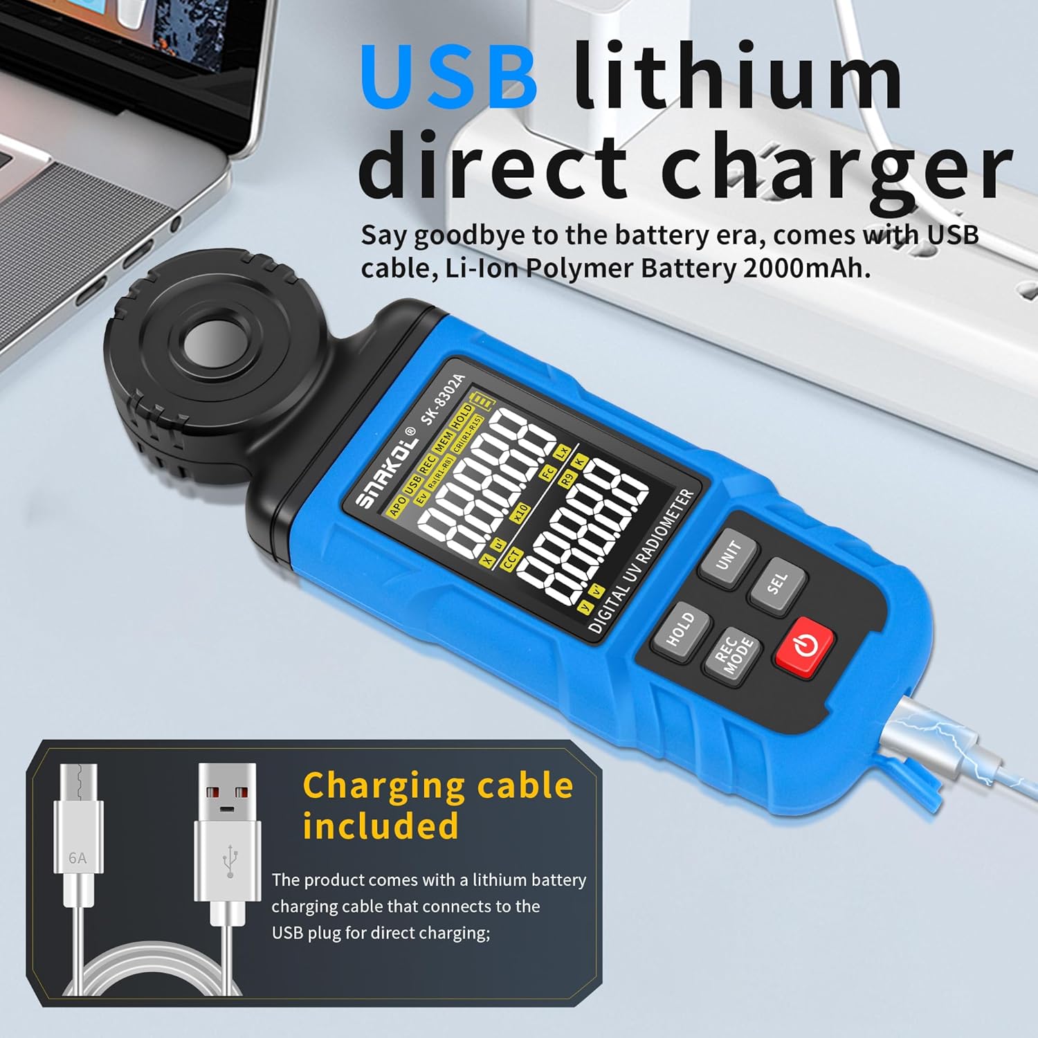 Spectral Illuminance Meter SK-8302A Light Meter, Lux Meter, CCT,RA,CRI,R9,Range up to 200,000 Lux 2500K-15000K, Color Coordinate,Data Storage, USB Charger, PC Software,Lighting Testing Tool