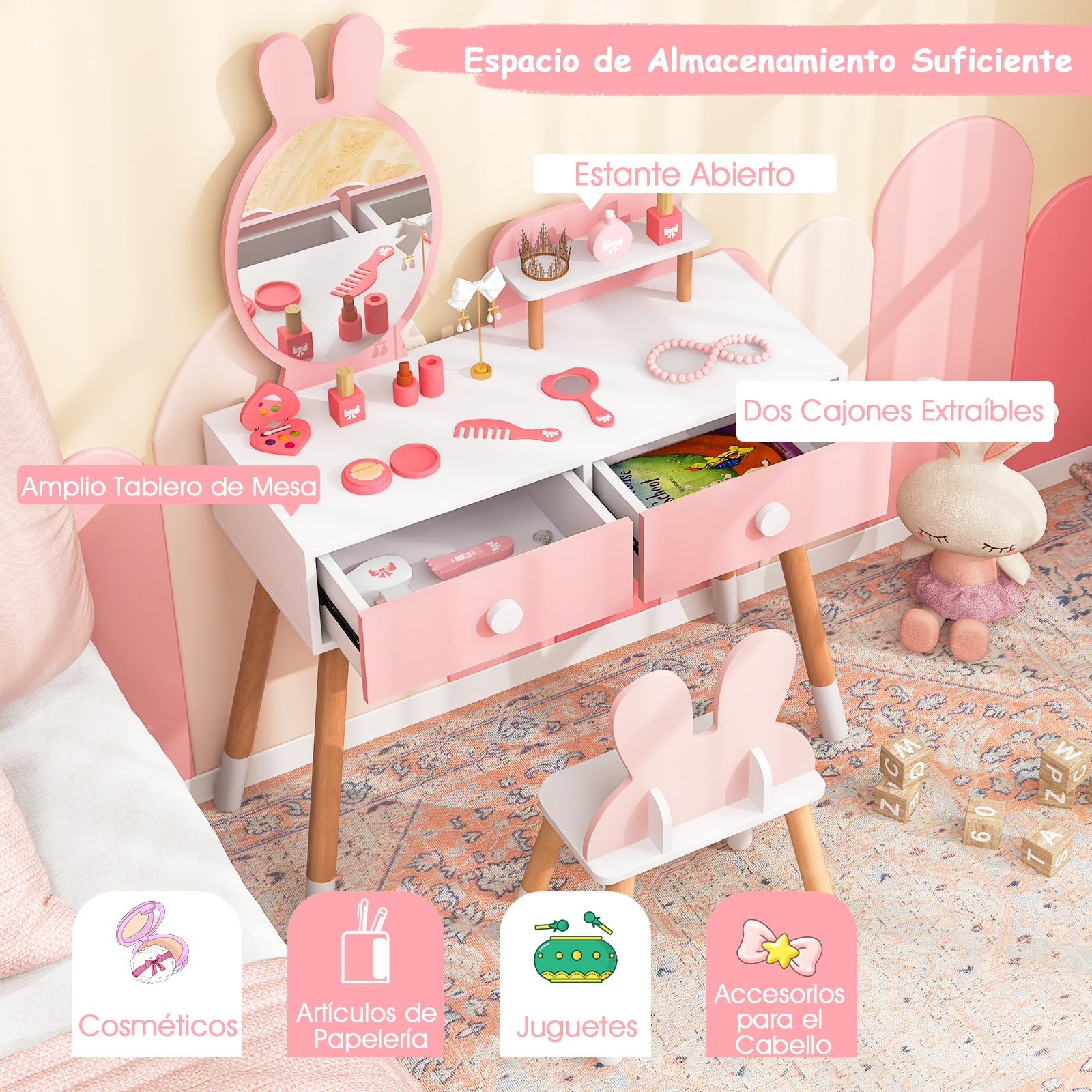 COSTWAY Tocador de Maquillaje de Princesa para Niña, Juego de Mesa y Silla, Escritorio Espejo 2 en 1 para, 2 Cajones y Estante, Juego de Tocador con Patas de Madera Maciza (Rosa)
