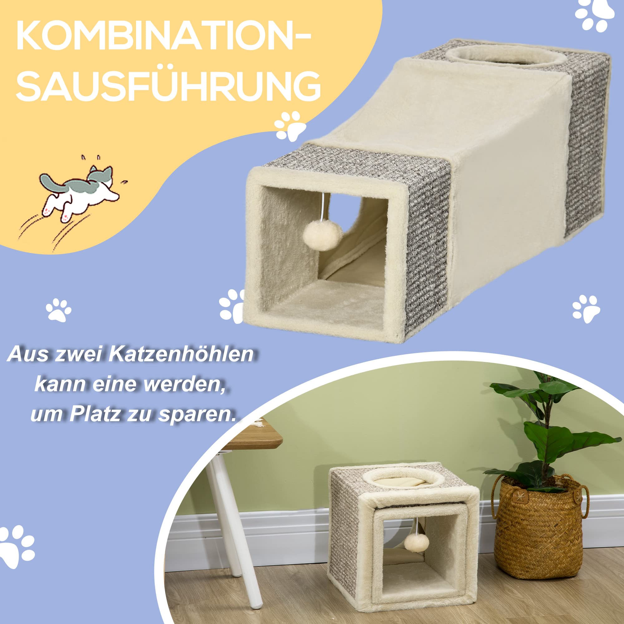 PawHut Katzentunnel Faltbar Katzenspielzeug mit Ball, Katzenhöhle Rascheltunnel Spieltunnel für Katzen 98 x 30 cm Braun+Beige