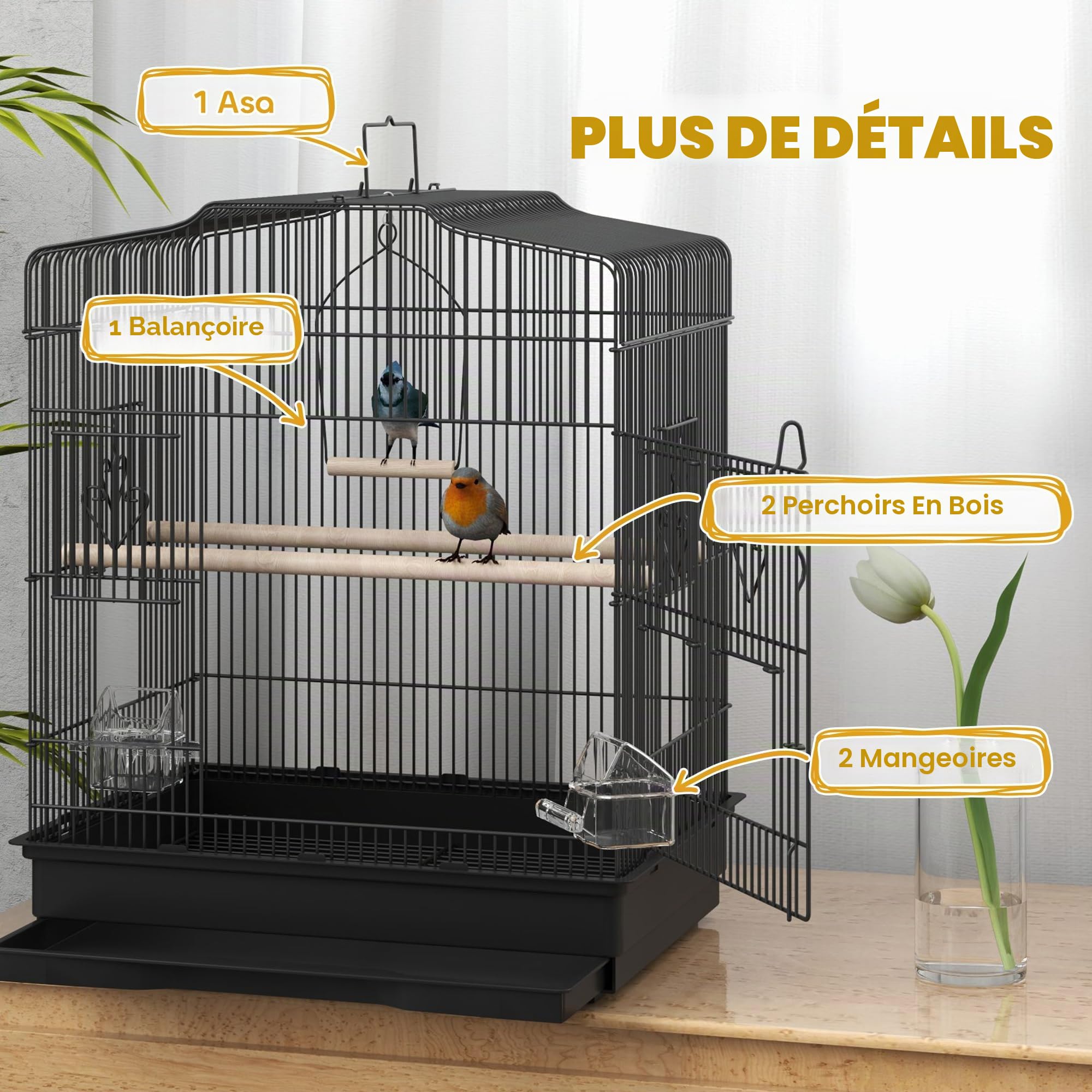 PawHut Cage à Oiseaux avec perchoirs pour Petit Oiseau 46,5x36x59 cm Noir | Gamelles, Balançoire, Cage à perroquet pour Budgie, Perruche