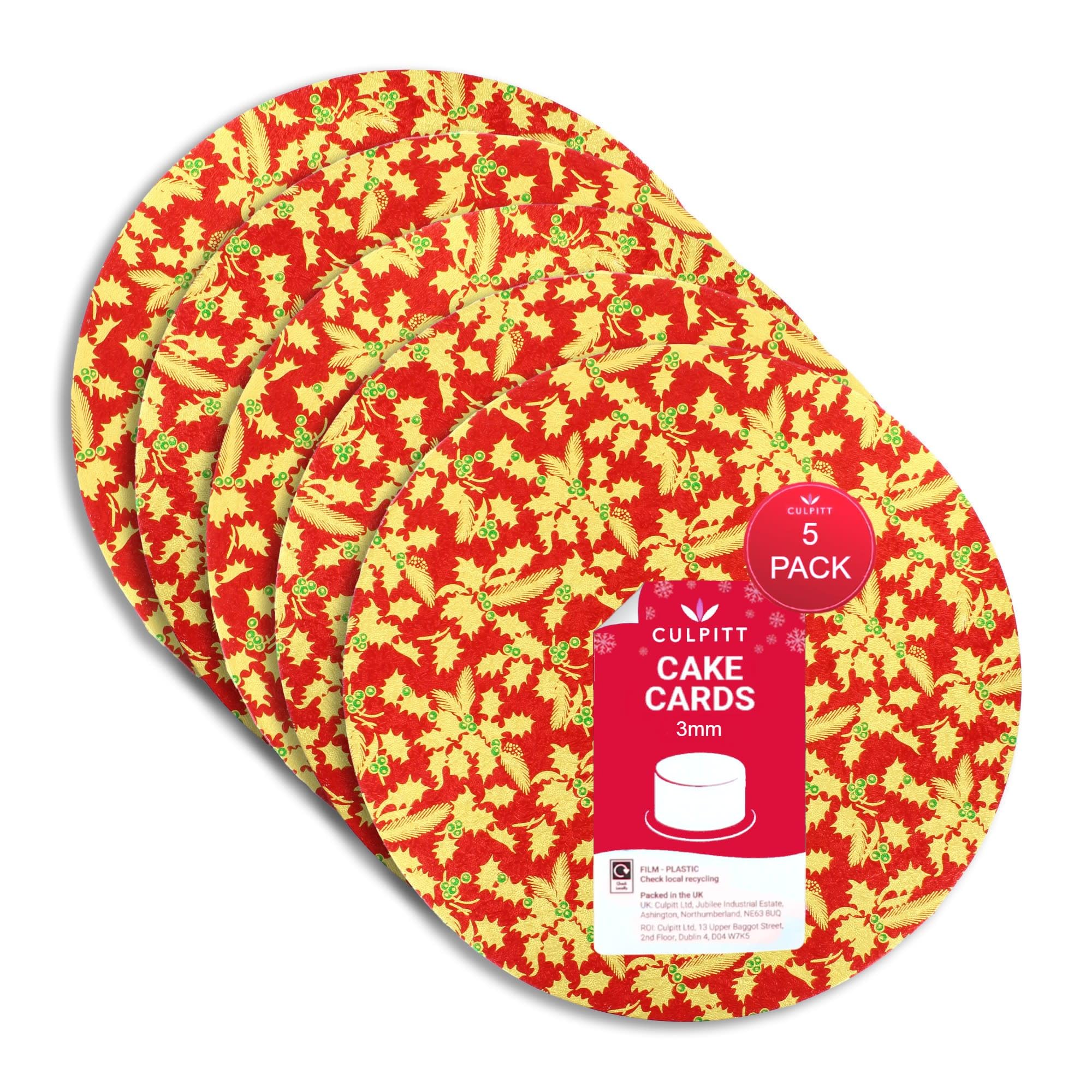 Culpitt Red Holly Christmas Cake Boards | 10" Cake Cards, 3Mm Thick Round Card Plates For Presenting & Displaying Festive Bakes And Desserts - 5 Pack