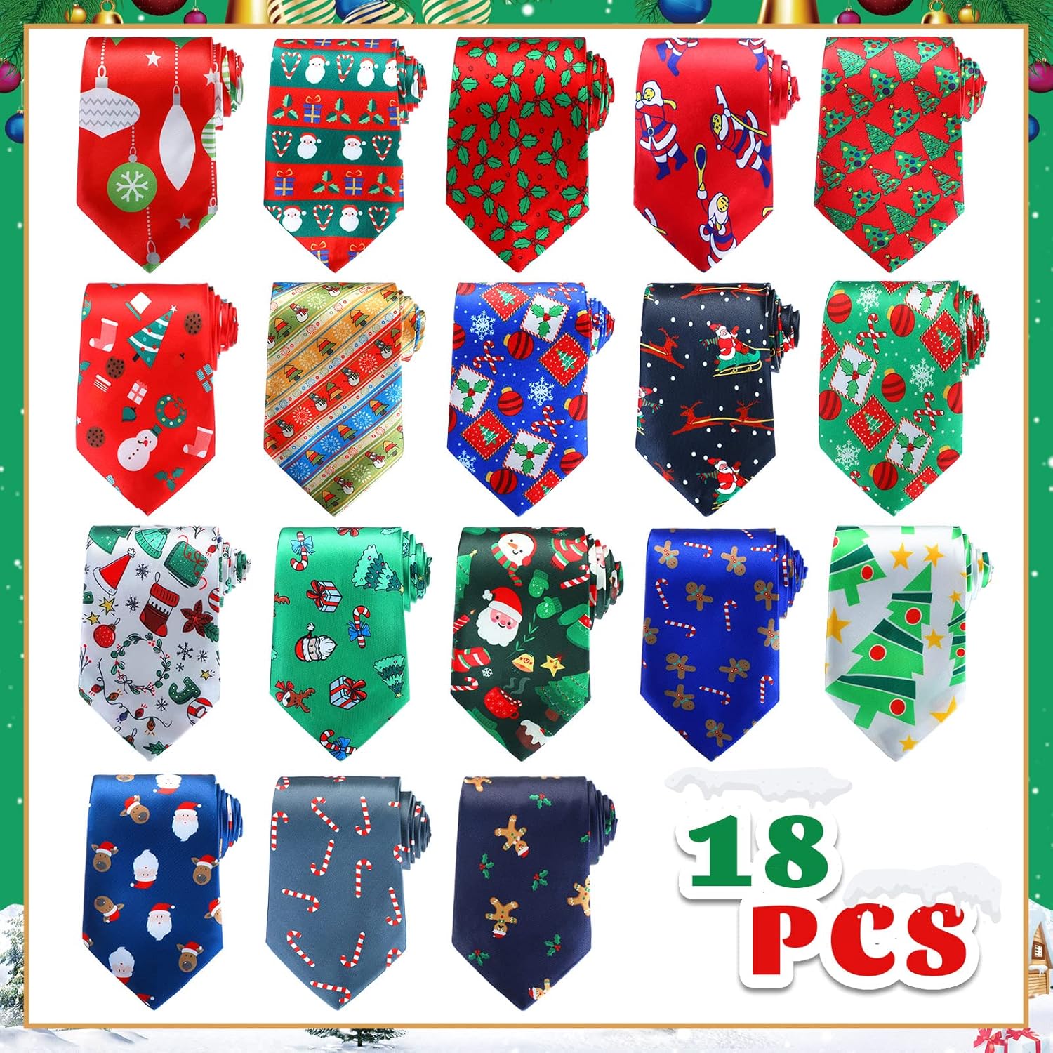 Handepo 18 Pcs One off Christmas Tie for Men Decorative Christmas Necktie Holiday Tie Santa Snowflake Christmas Tree for Boys Women Festival Christmas Party Xmas Costume