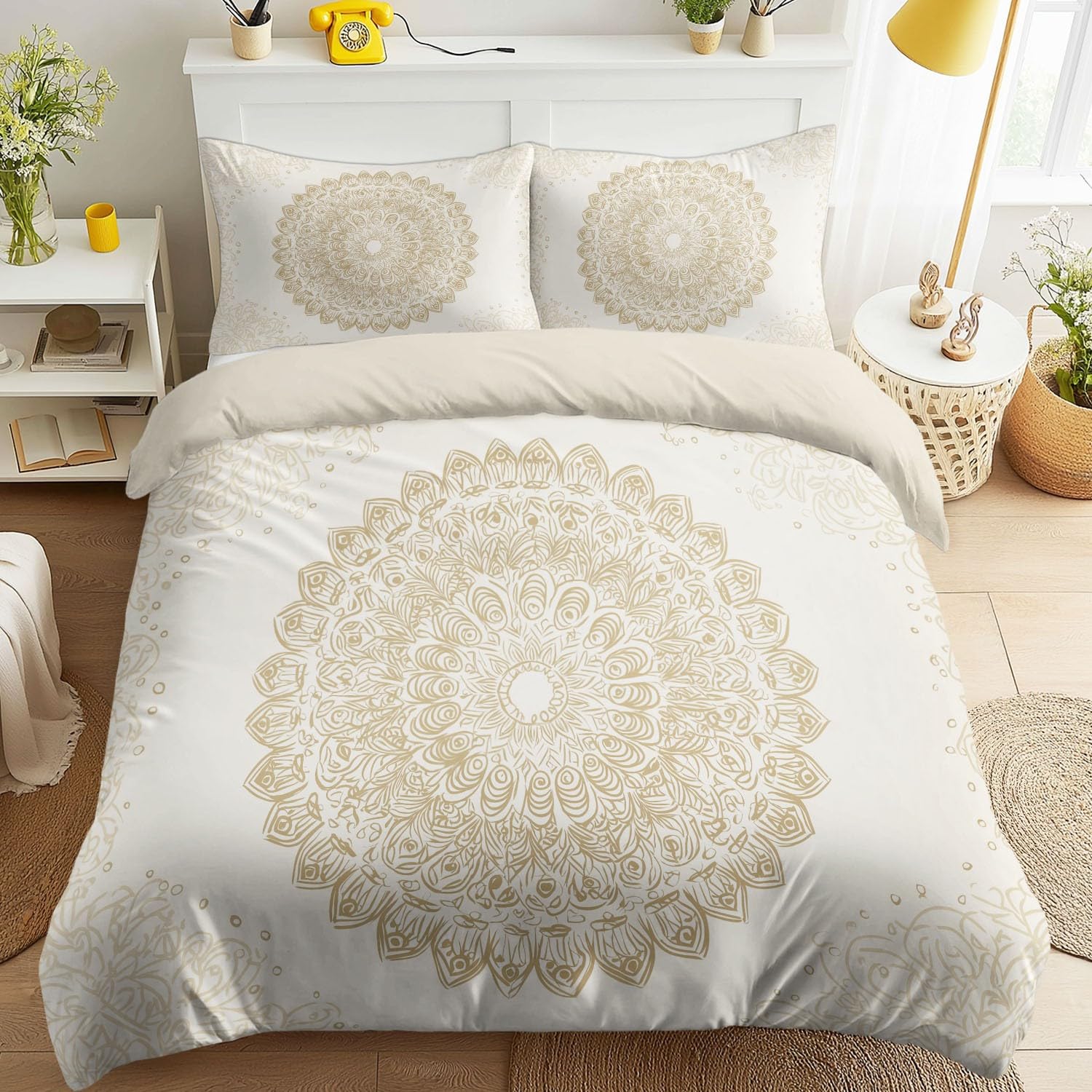 Housse de couette lit 90x190 moderne beige style boho abstrait