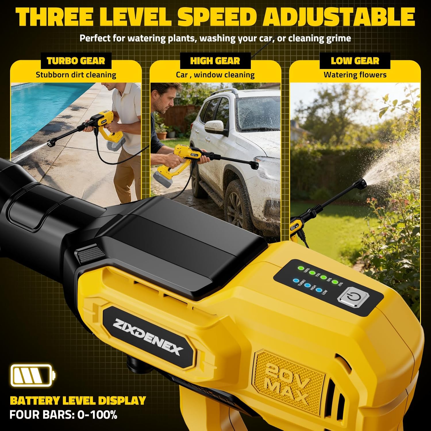 Cordless Portable Washer for Dewalt 20V Battery, 1000 PSI Portable Handheld Washer with Brushless Motor, 6-in-1 Nozzle, 3 Level Adjustable for Car Yard Fence Wall Clean (Battery Not Included)