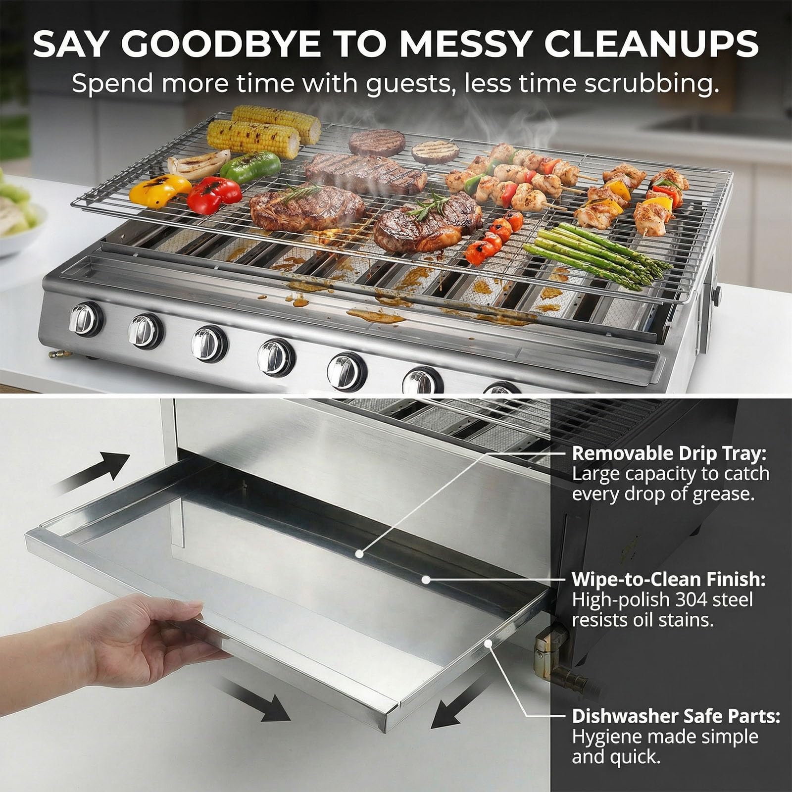 Barbecue a Gas Alta Performance, Piastra Inox 304 con Coperchio, 4/8/10 Fuochi Infrarossi, Altezza Regolabile, Soluzione Professionale per Catering e Grandi Feste(10 Burner)