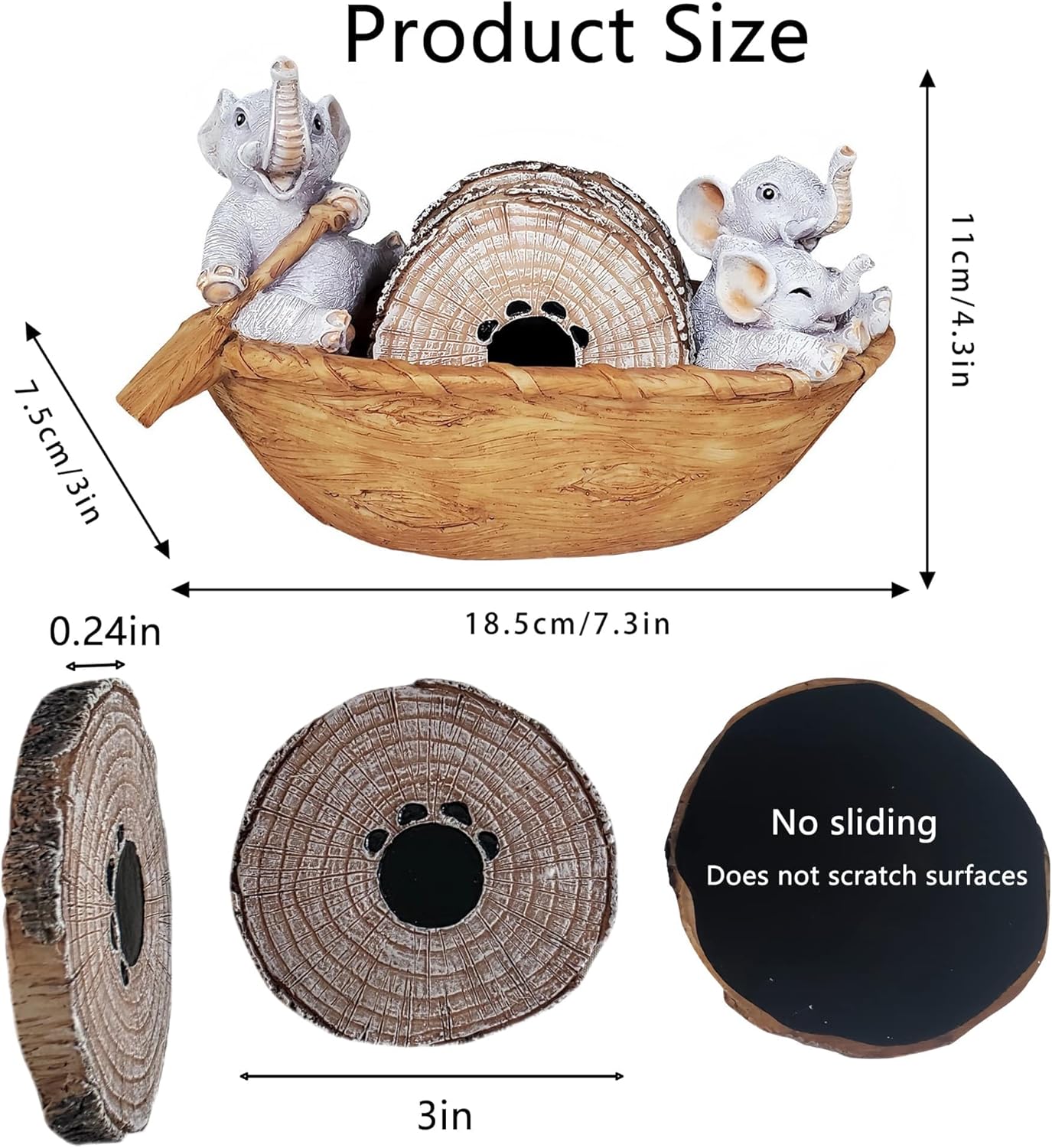 Elephant Coasters Set of 5 Rustic Coasters in Handmade Canoe Drink Coffee Mug Wine Beer Bar Round Table Decorative Cute Log Cabin Decor for The Home - Image 7