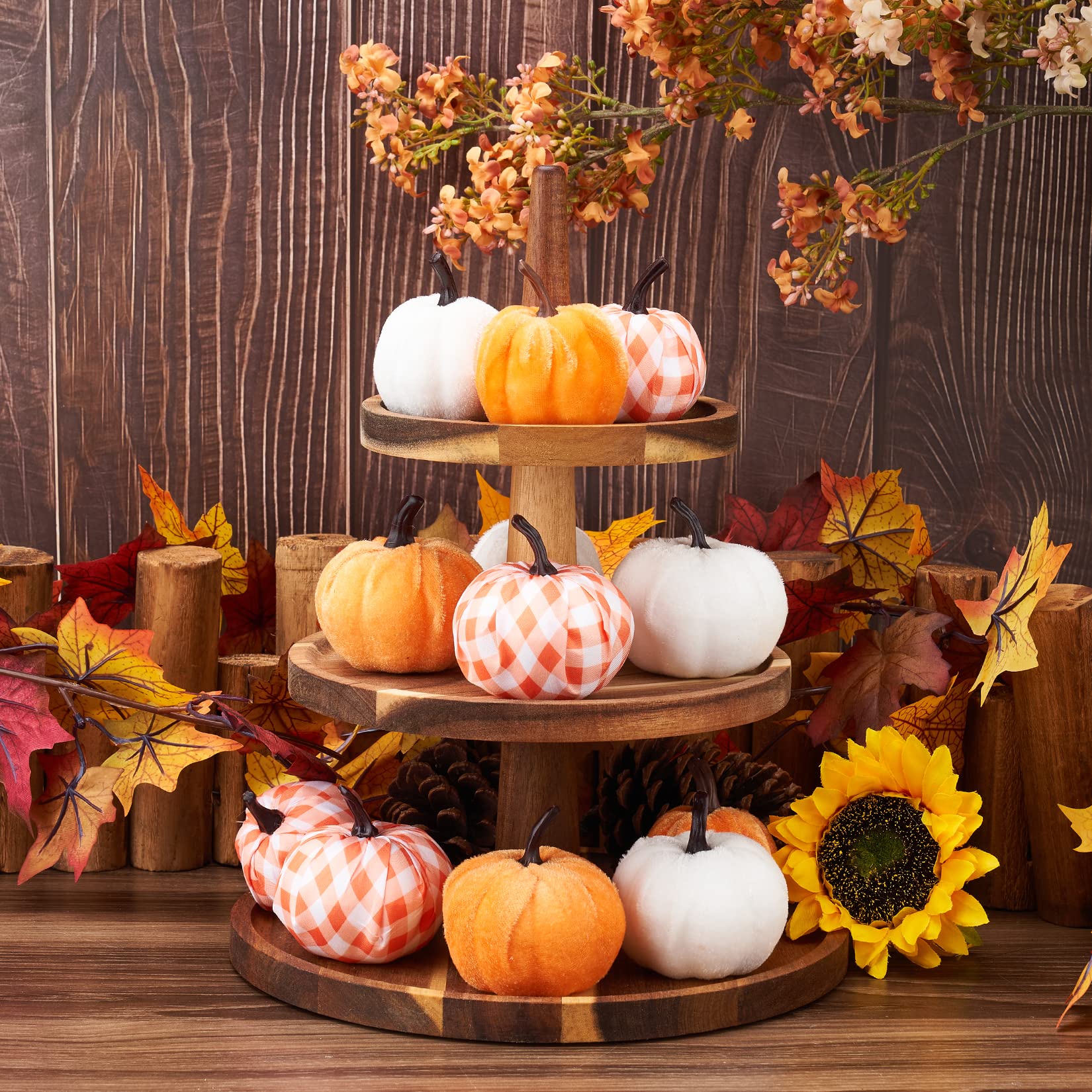 Lot De 9 Citrouilles Artificielles En Velours - 8 Cm, Couleurs Automne (orange, Camel, Rouge), Déco Table, Intérieur
