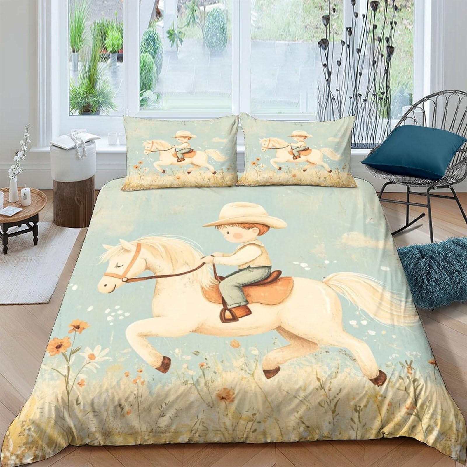 GPLZQXKJNH 3D Printed Cowboy Horse Duvet Cover Microfiber Soft Breathable Prairie Meadow Quilt Cover Set with 2 Pillowcases for Bedroom Home Decor Single（135x200cm）