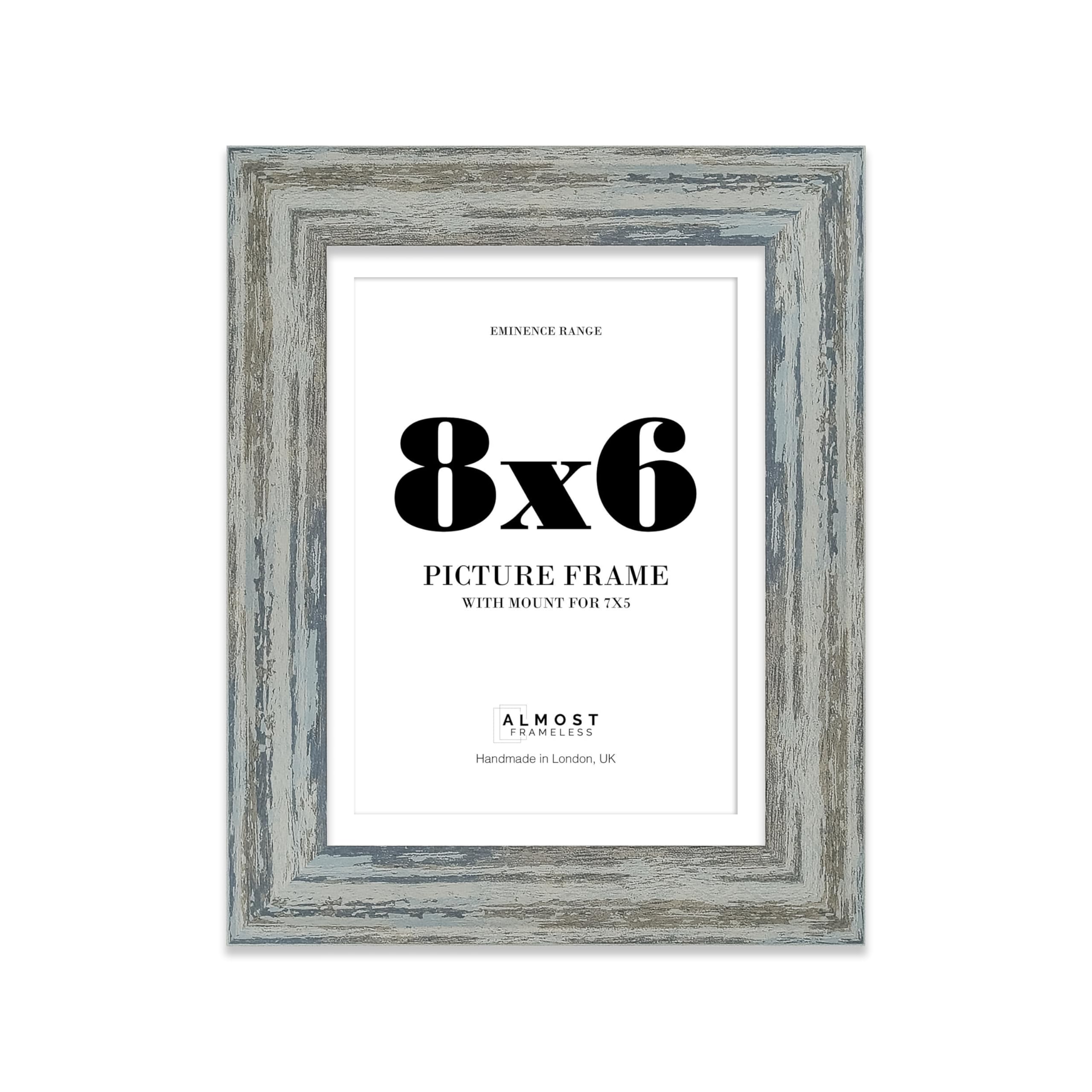 8x6" Distressed Blue Picture Frame with 7x5" Mount - Weathered Photo Frame with Distressed Finish, Wall Hooks and Kickstand, 32mm Edge - 1 Pack