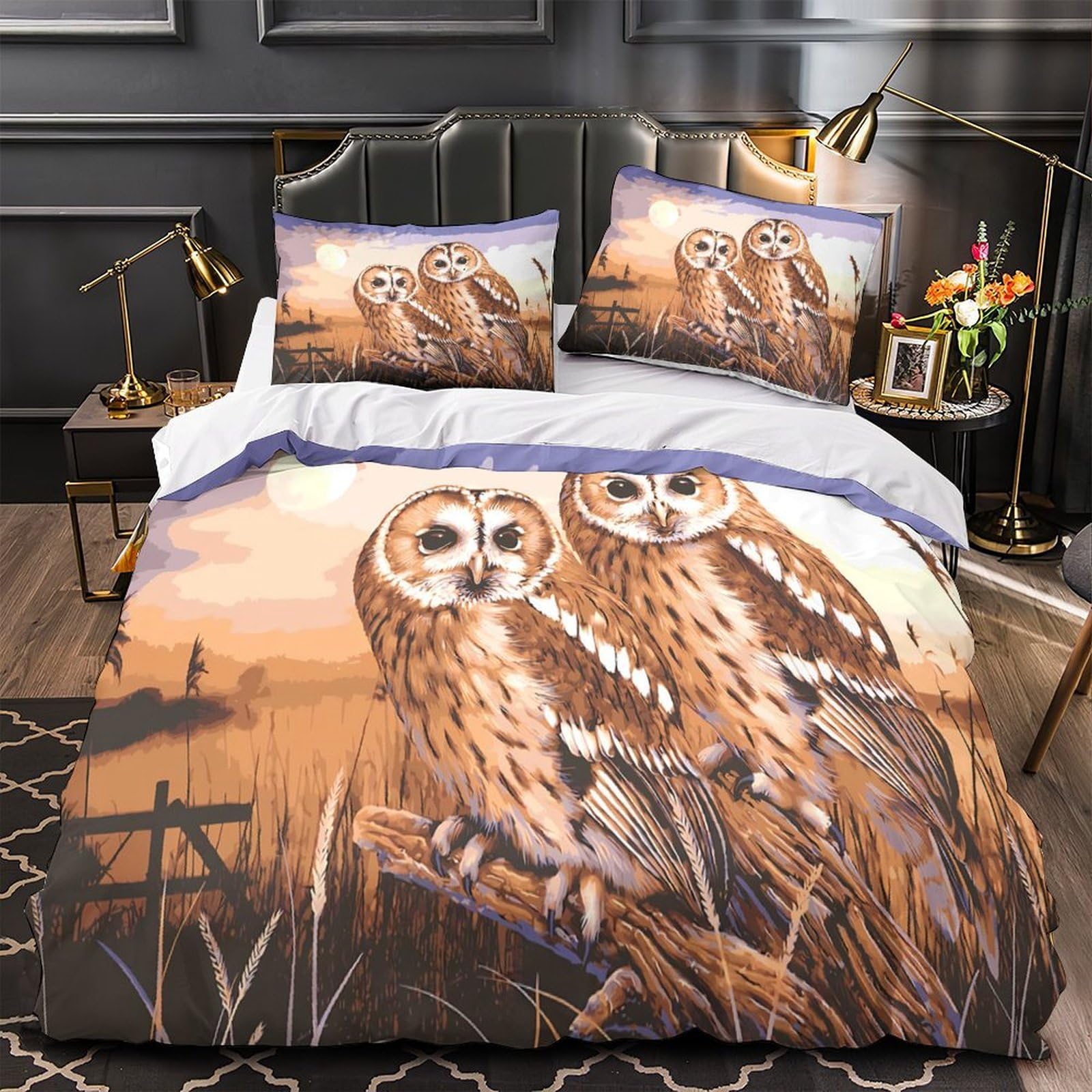 Housse de couette hiboux 3D en microfibre 135x200cm pour lit une place d'adolescent