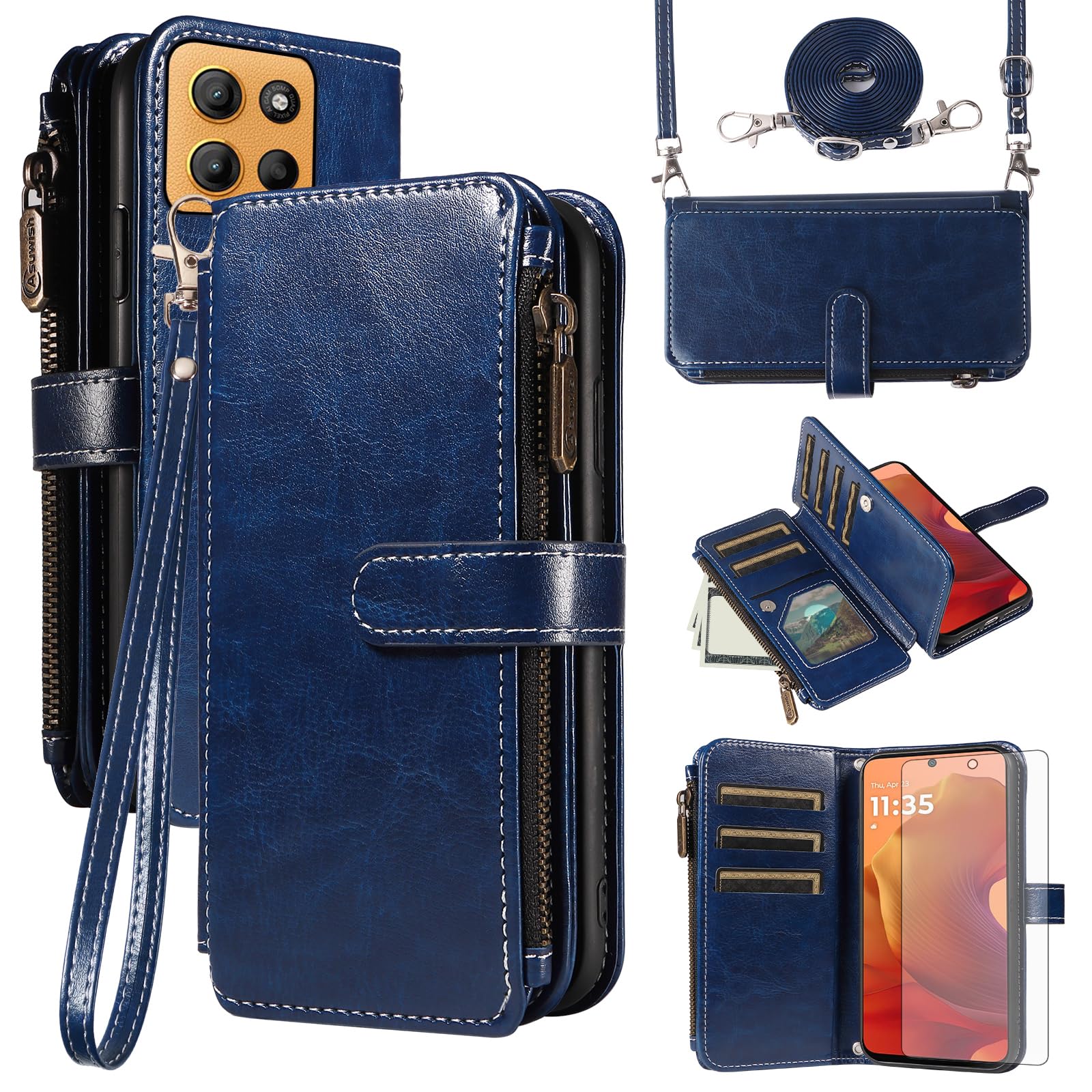 Asuwish Handyhülle für Motorola Moto G15 4G Hülle mit Band Folie Schutzfolie Kartenfach Klappbar Leder Geldbörse Ständer MotoG15 G 15 128GB Handy Hüllen Schutzhülle Reißverschluss Phone Case Blau
