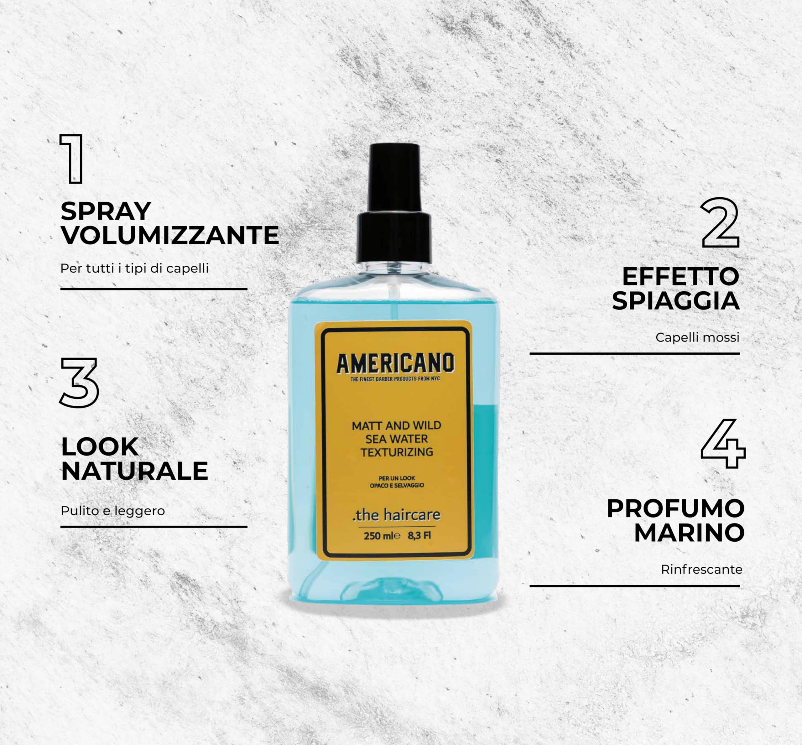 Americano Sea Water - Sea Salt Spray 250 ml, Acqua di Mare per Capelli, Made in Italy, Senza Alcool, Spray Texturizzante per Capelli, Ideale per Uomo e Donna, Spray al Sale Marino Professionale