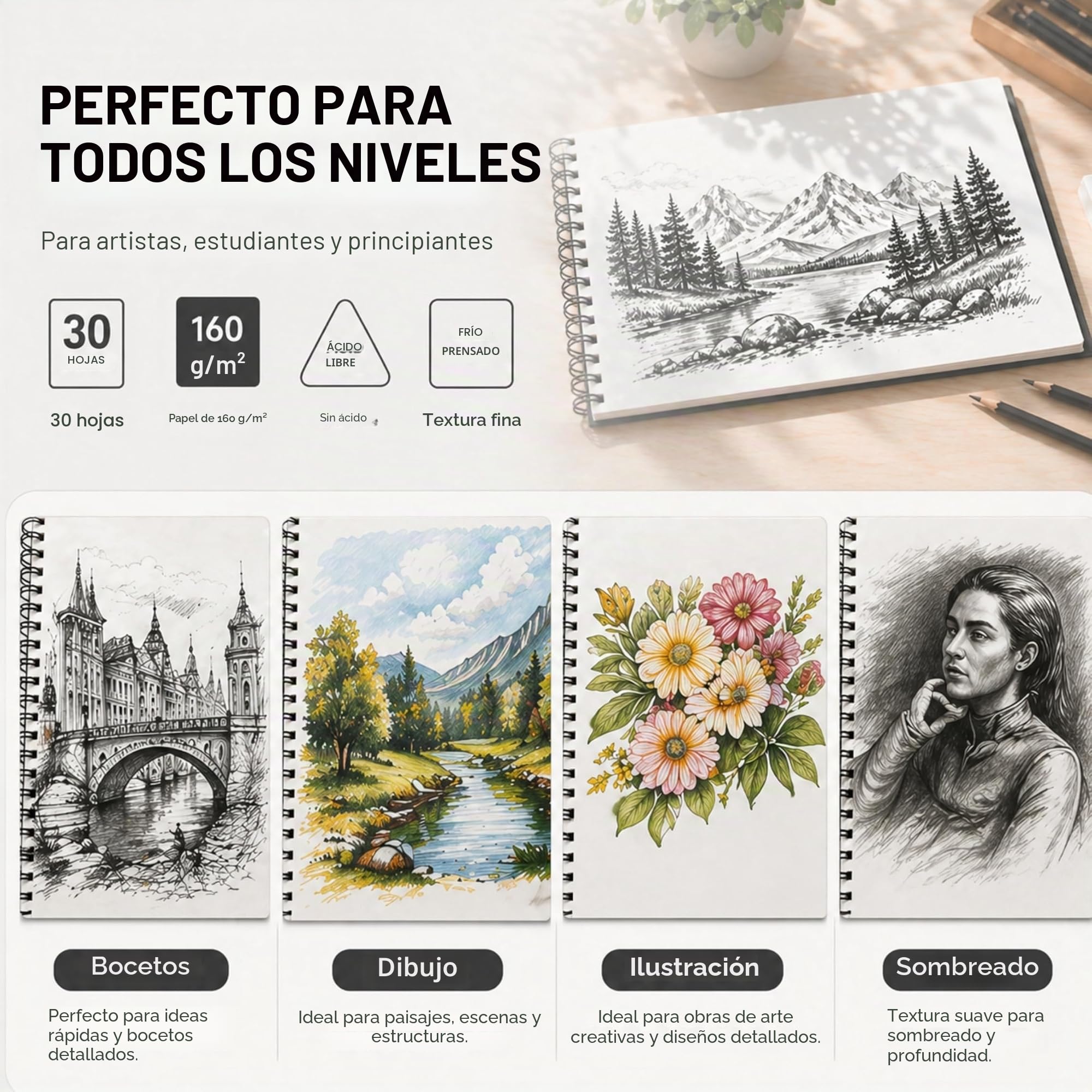 Artme Bloc de bocetos A5, 2 piezas, 30 hojas (160 g/m²), cuaderno de bocetos encuadernado en espiral