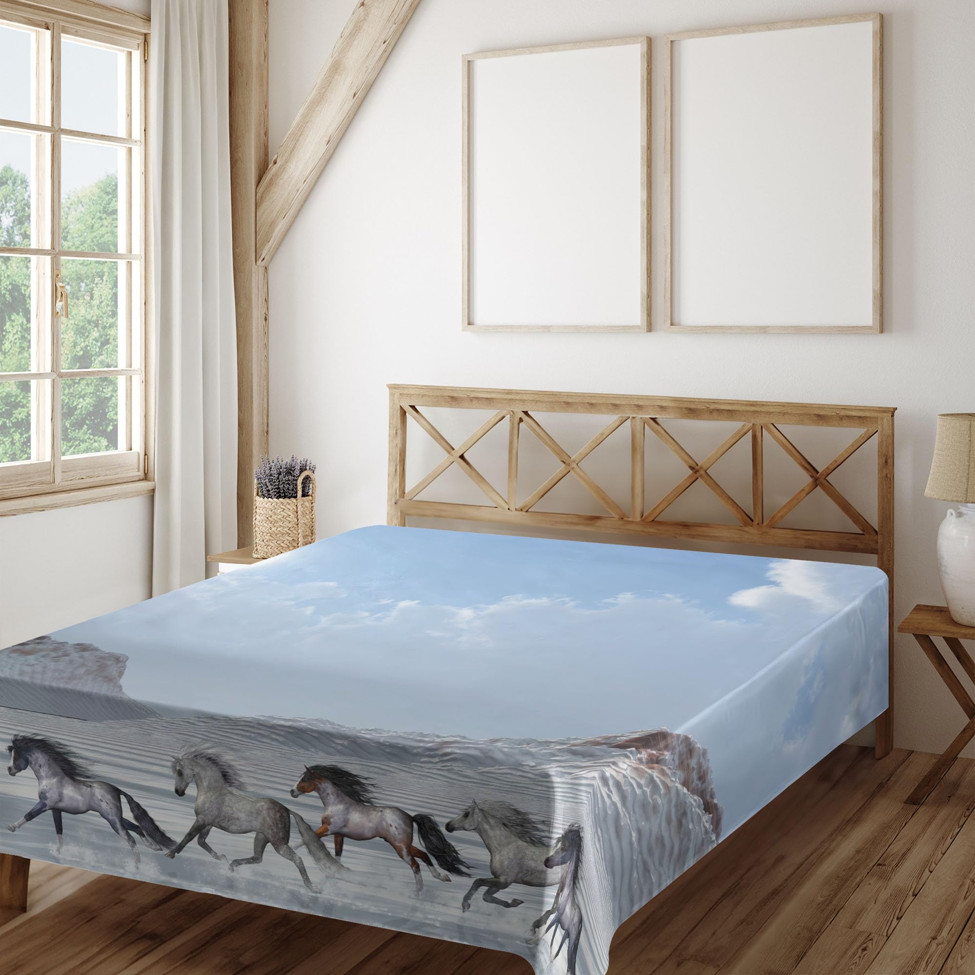 Ambesonne Horses Flat Sheet, Herd of Wild Noble Horses Run in The Snows of a Fresh Winter Day Glorious Picture, Soft and Comfortable Top Sheet Decorative Bedding 1 Piece, Full Size, Blue White