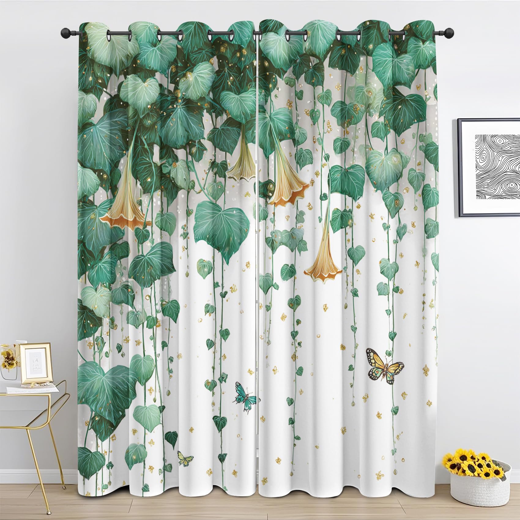 Generisch Grüne Blatt Gardinen Blickdicht, Pflanzen Rebe Natur Vorhang mit Ösen, Thermovorhang 2er Set, Vorhänge für Schlafzimmer Wohnzimmer, H229 x B183 cm yh642
