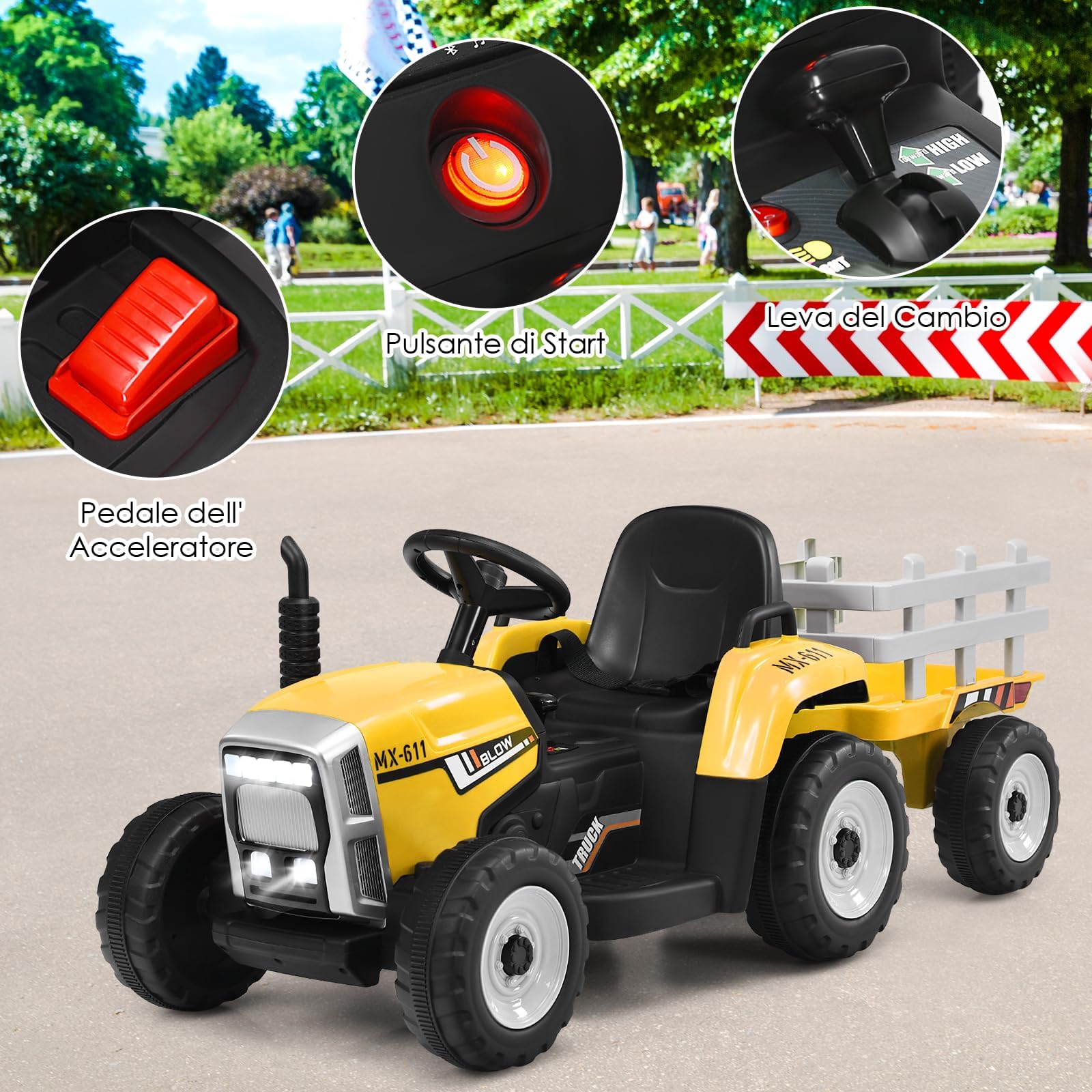 RELAX4LIFE Trattore Elettrico per Bambini 12V con Rimorchio Rimovibile, Telecomandato, 3 Velocità, Luce, Suoni, Musica, Clacson, USB,Portata 30 KG, 3 Anni+ (GIALLO)
