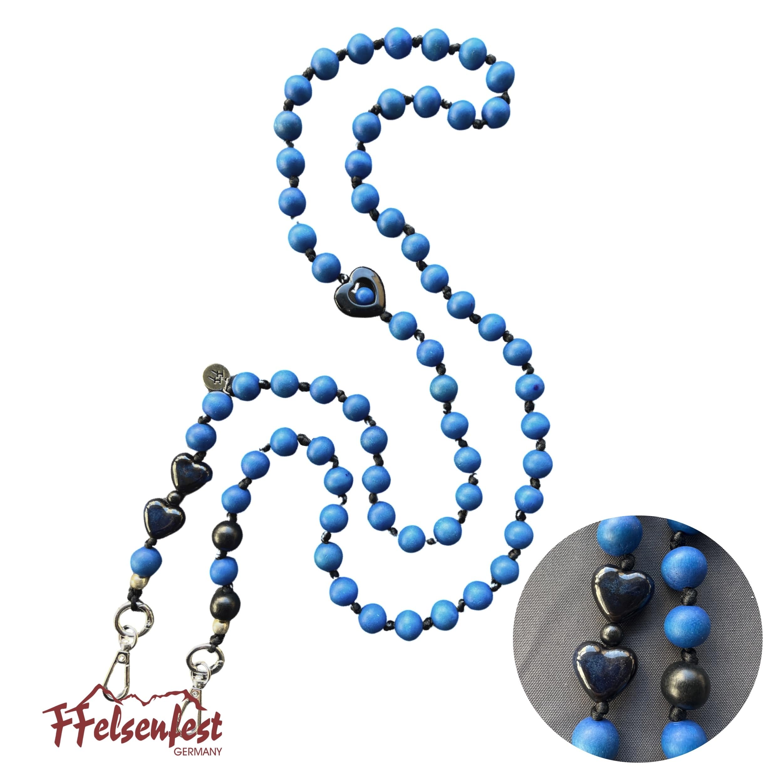 Handykette Lang Holzperlen blau mit Herz I ø15 mm I Länge ca. 138 cm I H0106