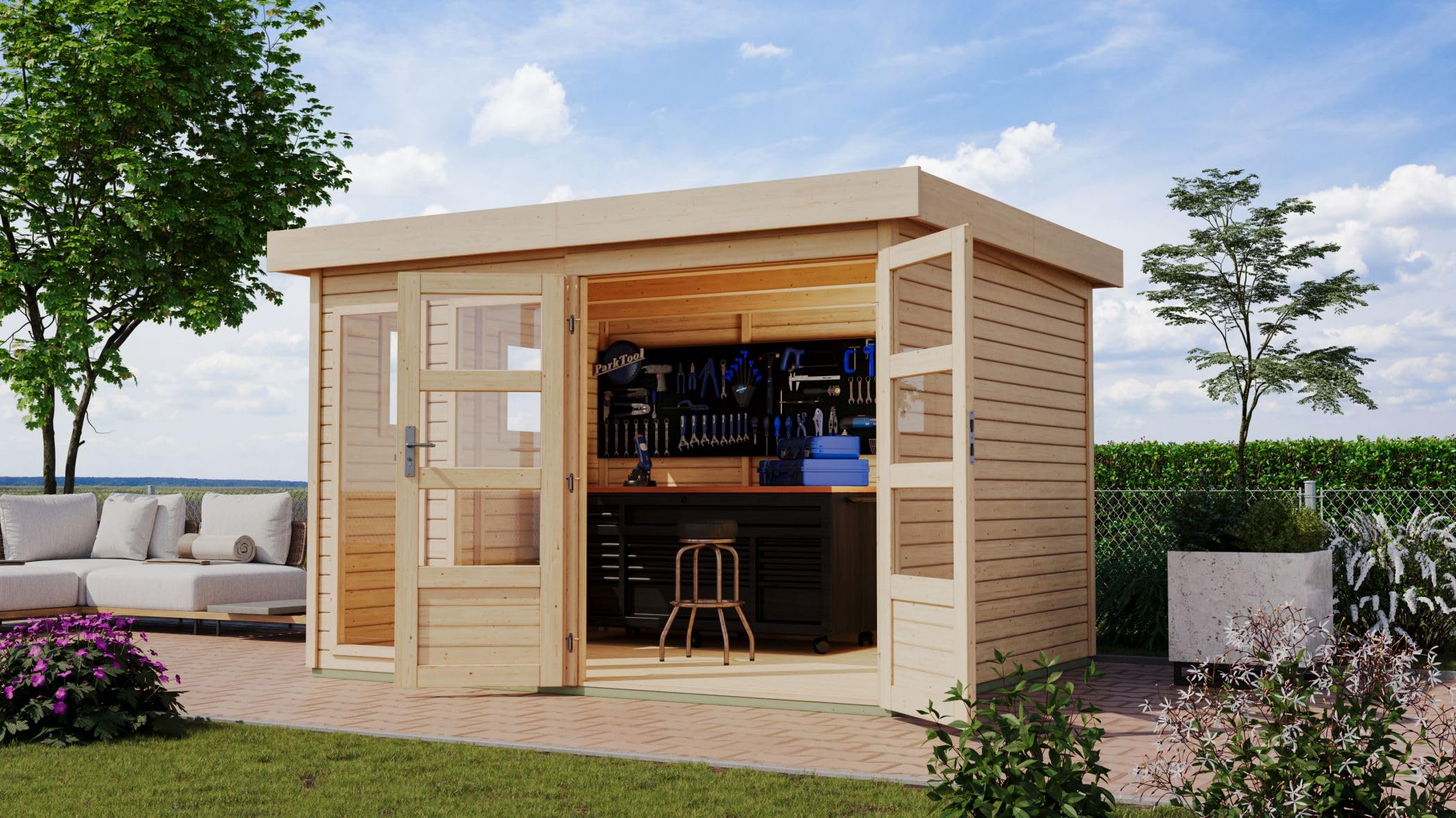 Karibu Gartenhaus Pentus aus nordischer Fichte Verschiedene Größen optinal mit Anbaudach, lichtdurchflutetes Design mit Flachdach (naturbelassen, L)