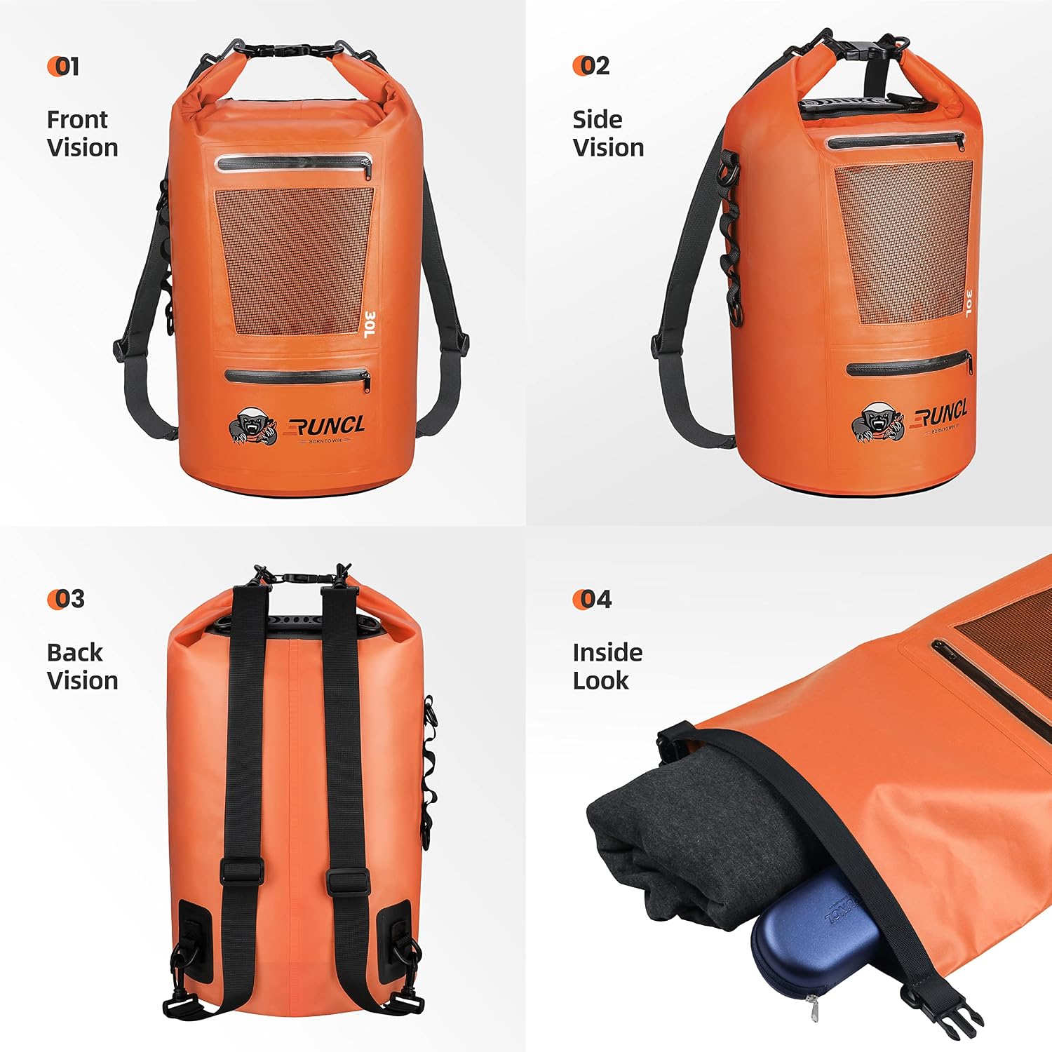 RUNCL Waterproof Dry Bag, Durable Roll-Top Closure 10/20/30/40L Floating Dry Backpack with Waterproof Phone Case for Travel, Swimming, Kayaking, Boating, Fishing, Gifts for Outdoor Lover