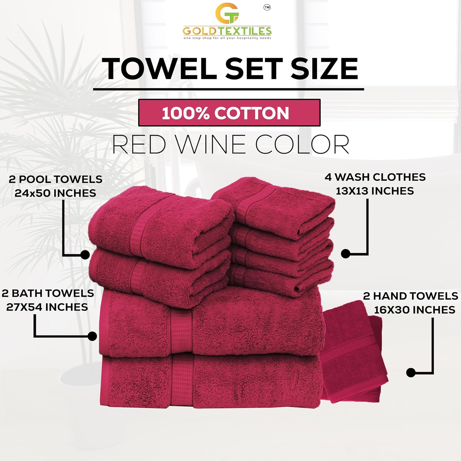 GOLD TEXTILES Luxury 10 Piece Towel Set, (Bath Towel 27x54, Hand Towel 16x30, Washcloth 13x13, Pool Towels 24x50) Ultra-Plush Absorbent Cotton Towels for Bathroom (Red Wine, 10 Piece Towel Set) - Image 2