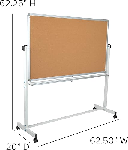 Miniatura 4 de Tablero de anuncios reversible de corcho móvil y tablero blanco con bandeja para bolígrafos, 62.5 pulgadas de ancho x 62.25 pulgadas de alto