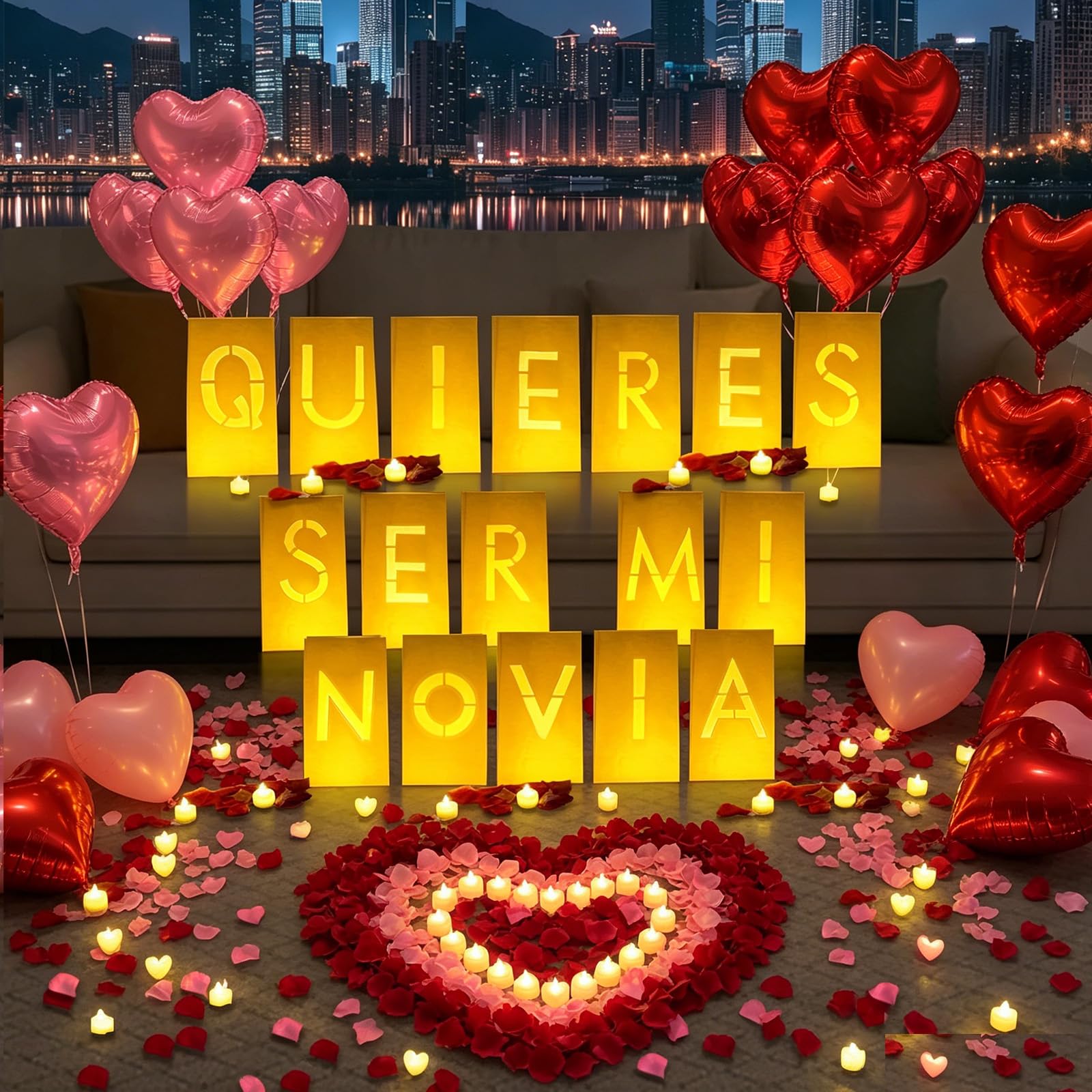 Quieres Ser Mi Novia Lot de 17 sacs lumineux en papier 2200 pétales de rose artificiels rouges et roses, 48 bougies LED sans flamme, 15 ballons en forme de cœur, nuit romantique, Saint-Valentin