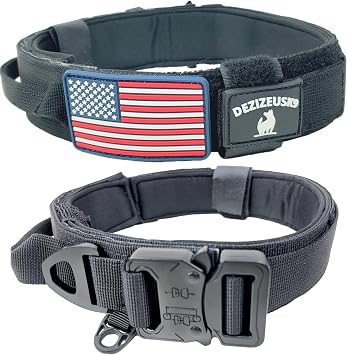 Tactical Dog Collar with Handle, American Flag Patch, 1.5 Inch Wide Thick Heavy Duty Nylon, Quick Release Metal Buckle, Customizable Name Plate, Ideal Dog Collars for Medium to Large Breeds K9 Harness