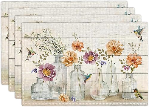 Juego de 4 manteles individuales florales y colibríes, lavables, para decoración del hogar, fiesta, interior, cocina, comedor, 12 x 18 pulgadas