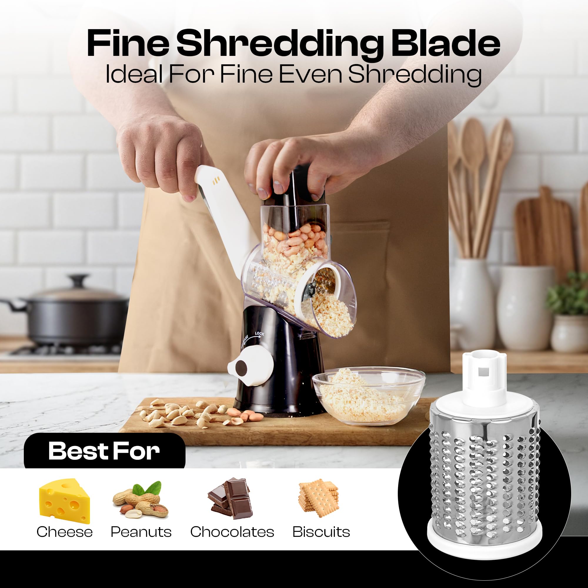 Rotary Cheese Grater Hand Crank - Cheese Shredder and Zester with Handle, Vegetable Shredder with 3 Stainless Steel Blades & Strong Suction Base – Round Slicer & Food Chopper for Kitchen