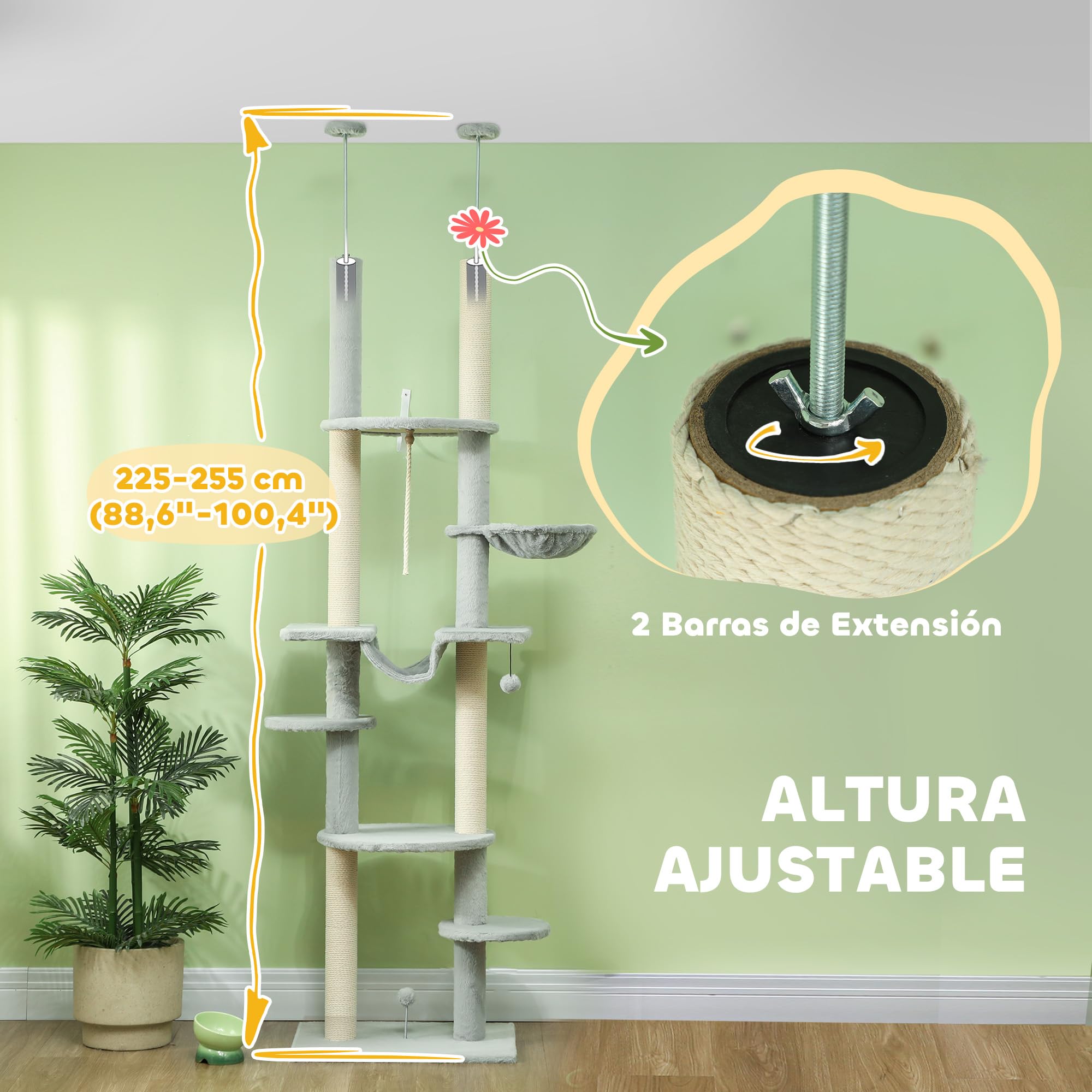 PawHut Árbol para Gatos de Suelo a Techo 225-255cm 7 Niveles Rascador Gris | Torre para Gatos, Hamacas, Plataformas, Juguete de Cuerda, Bola de Juguete