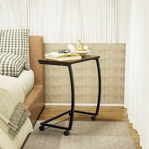 Miniatura 11 de SRIWATANA Mesa auxiliar, mesa auxiliar, mesa de sofá vintage en forma de C para sofá, laptop, aperitivo, café, nogal 1.Walnut,Negro -,Nogal oscuro